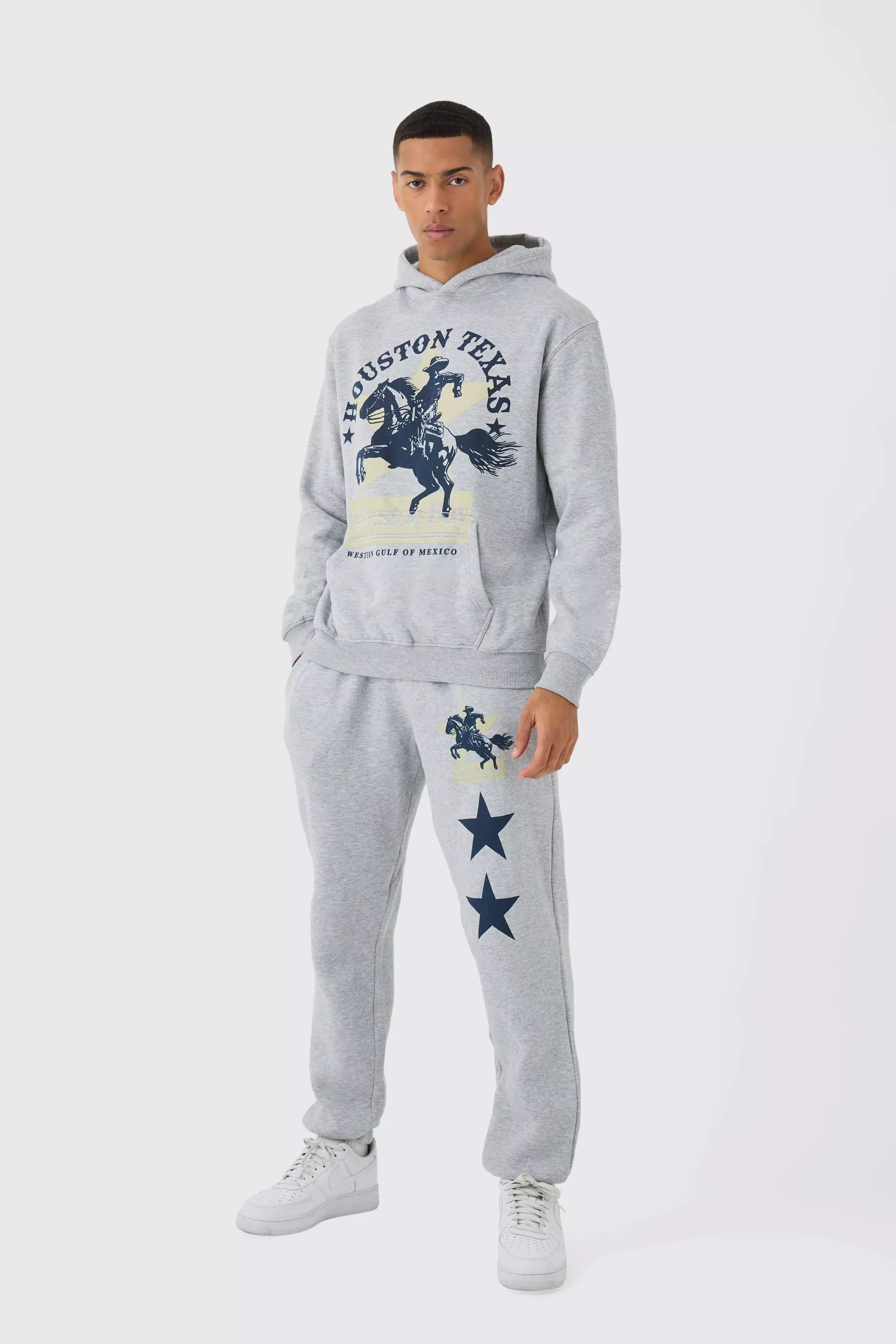 Oversized Western Print Washed Tracksuit Grey