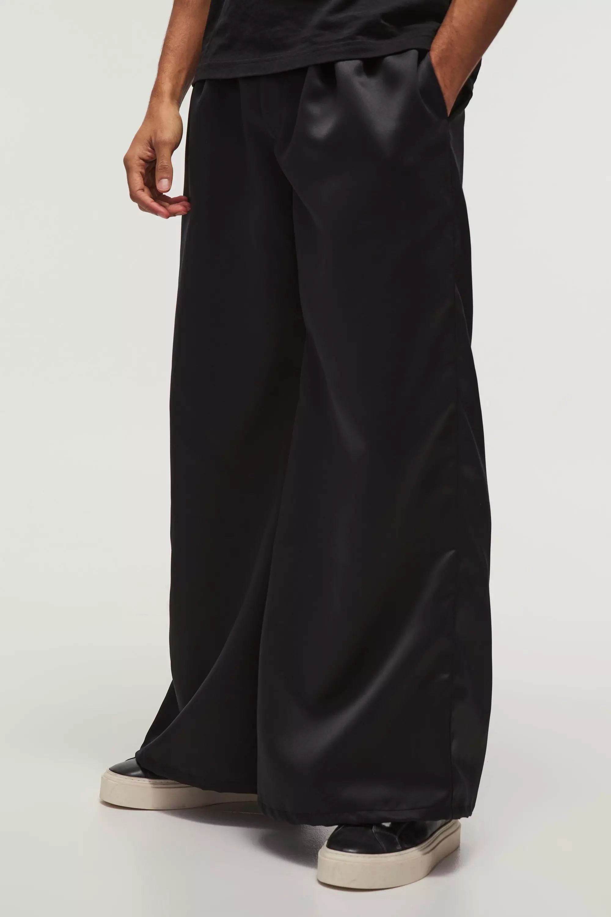 Black Super Wide Leg Heavy Satin Pleated Pants