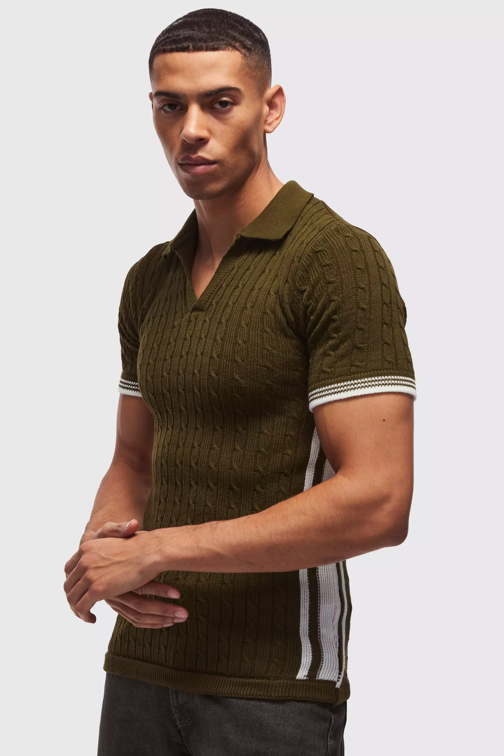Khaki Muscle Fit V Neck Knitted Polo Shirt alternative image