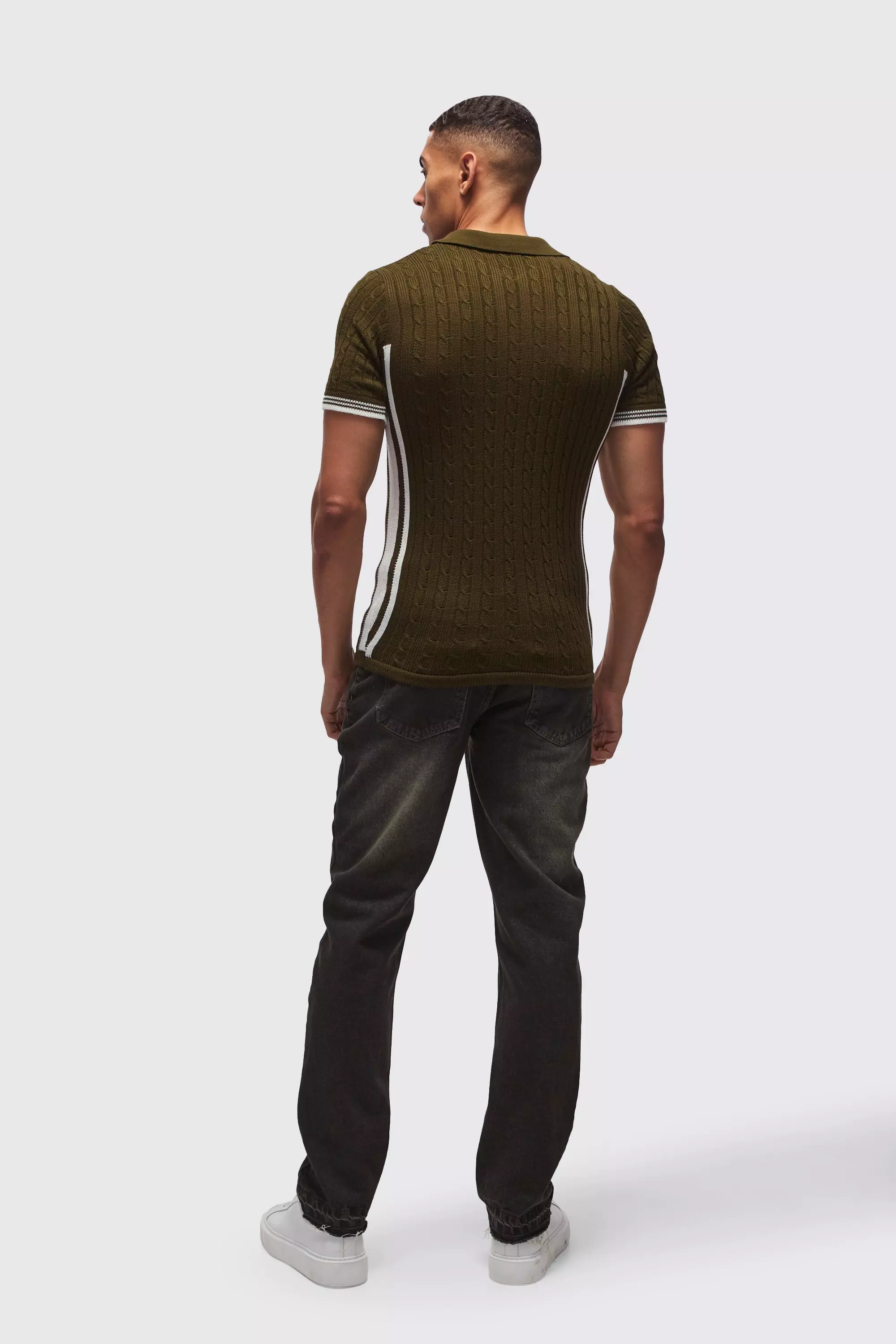 Khaki Muscle Fit V Neck Knitted Polo Shirt alternative image
