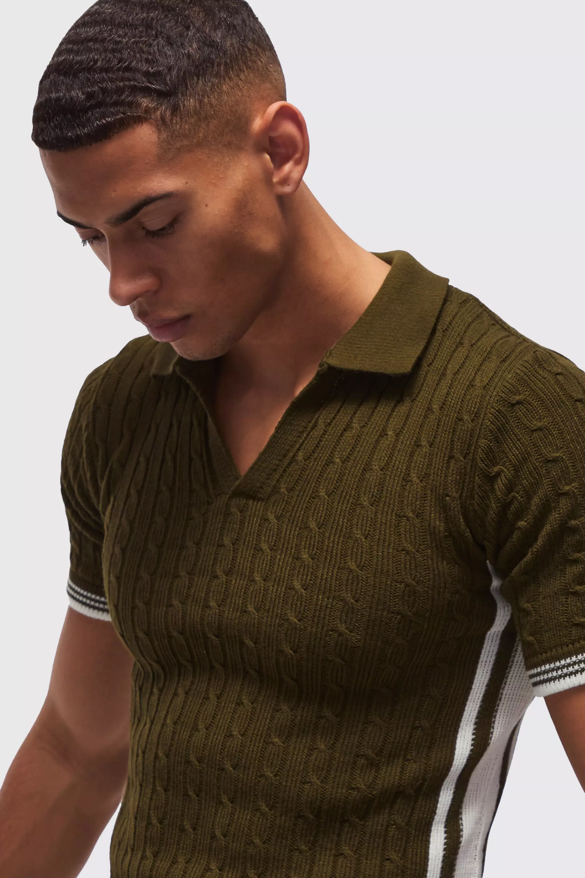 Khaki Muscle Fit V Neck Knitted Polo Shirt alternative image