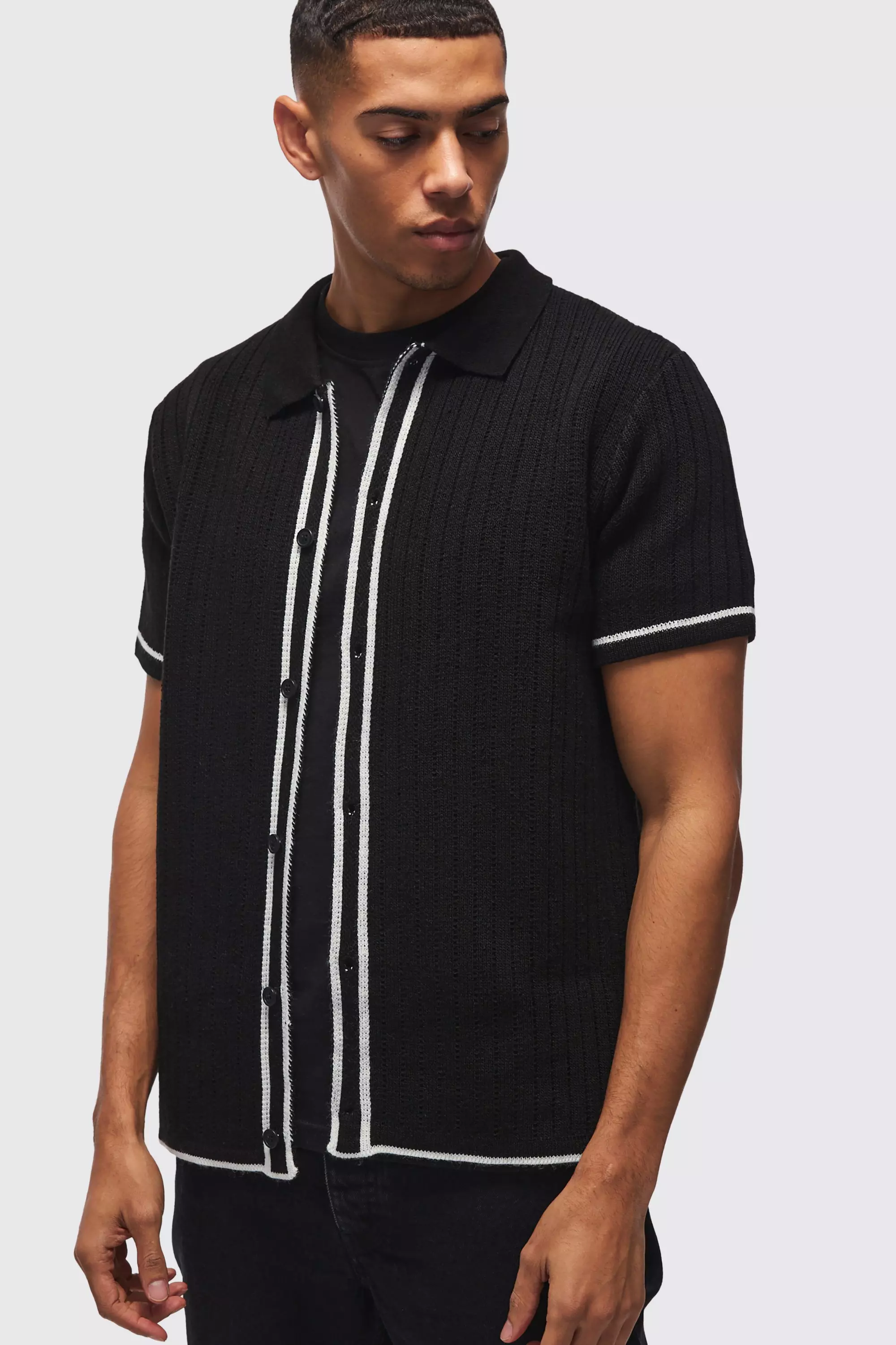 Regular Fit Contrast Stripe Knitted Zip Up Polo Shirt Black