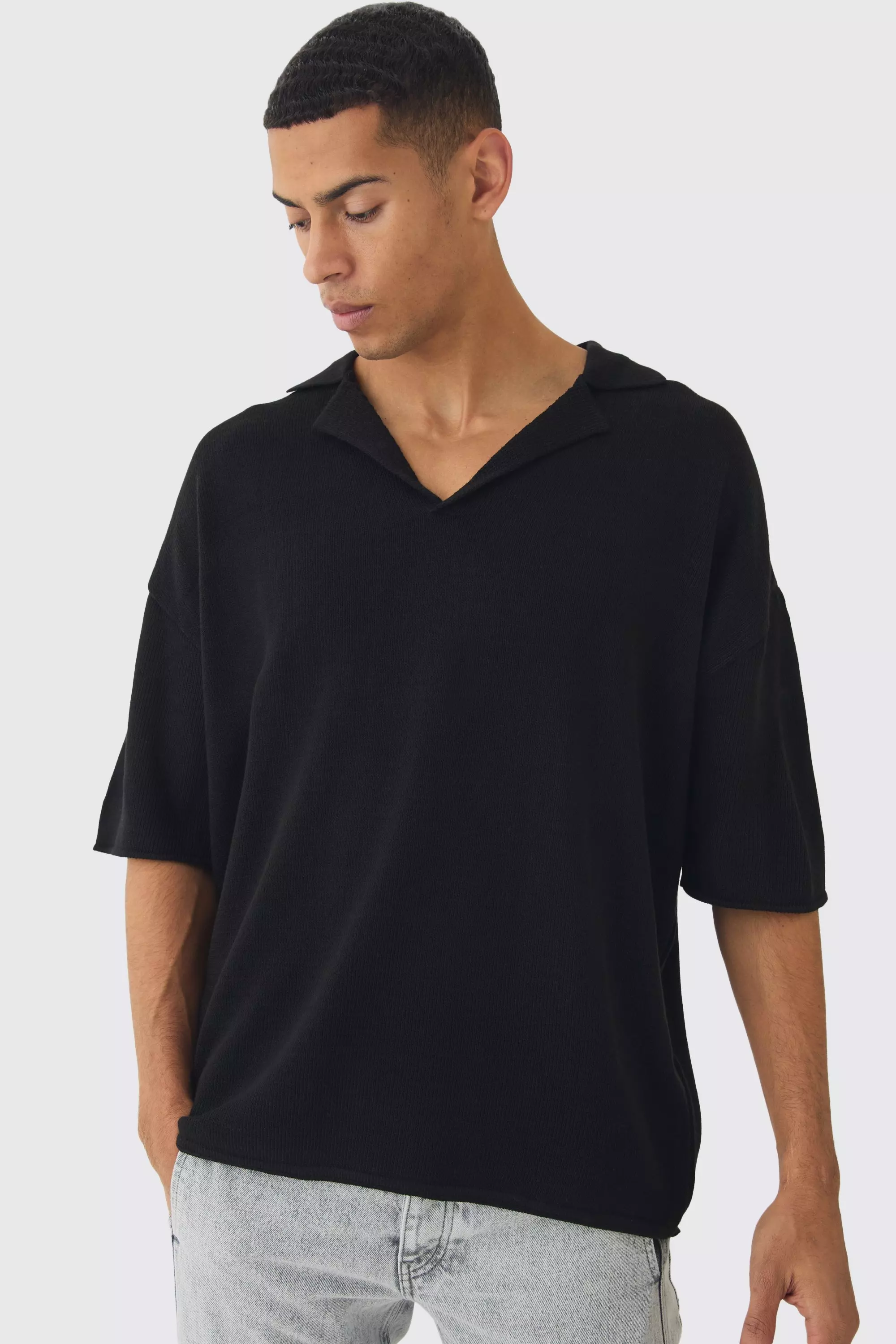 Polo Oversize In Maglia Con Spalle Scese, Black immagine alternativa