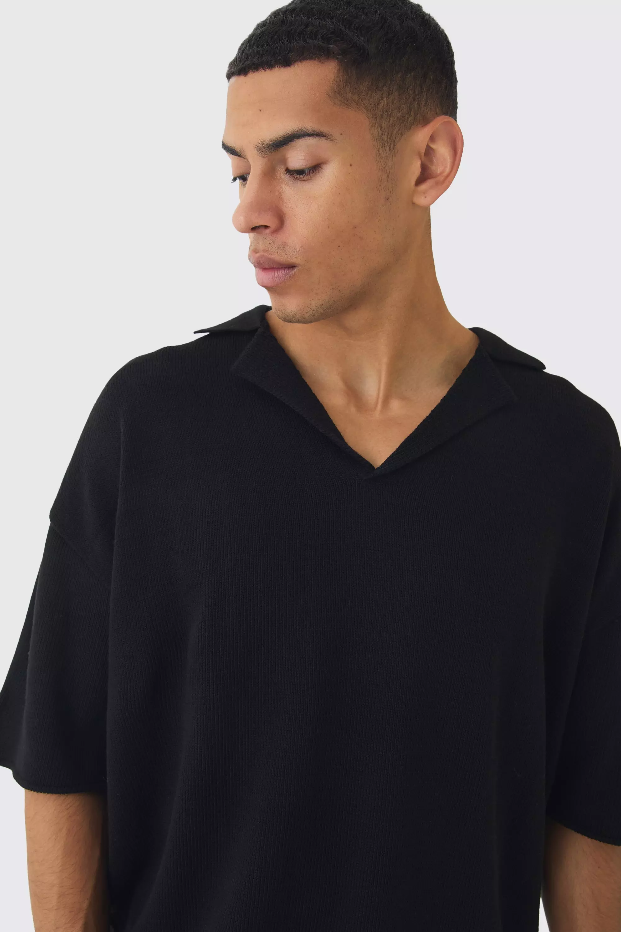 Polo Oversize In Maglia Con Spalle Scese, Black immagine alternativa