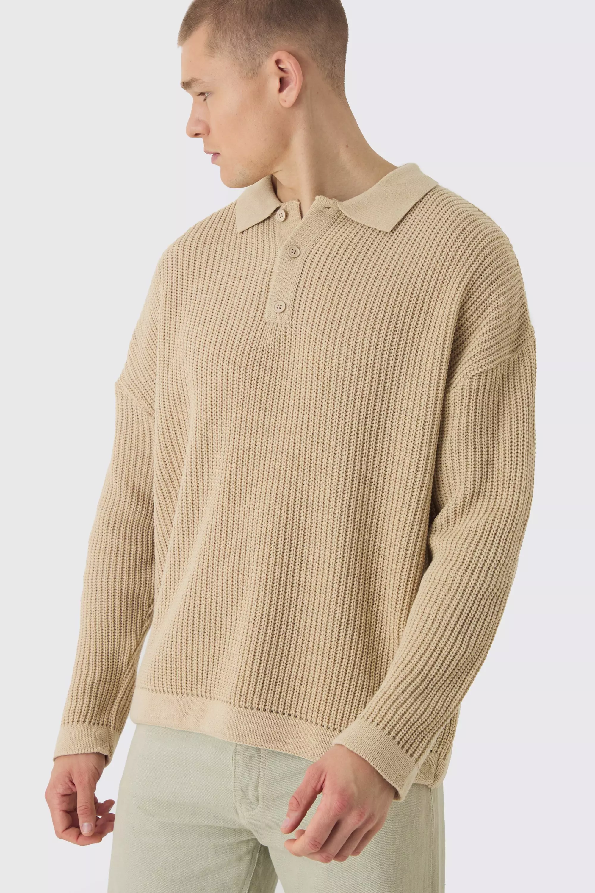 Oversized Boxy Chunky Knit Polo Sweater Stone