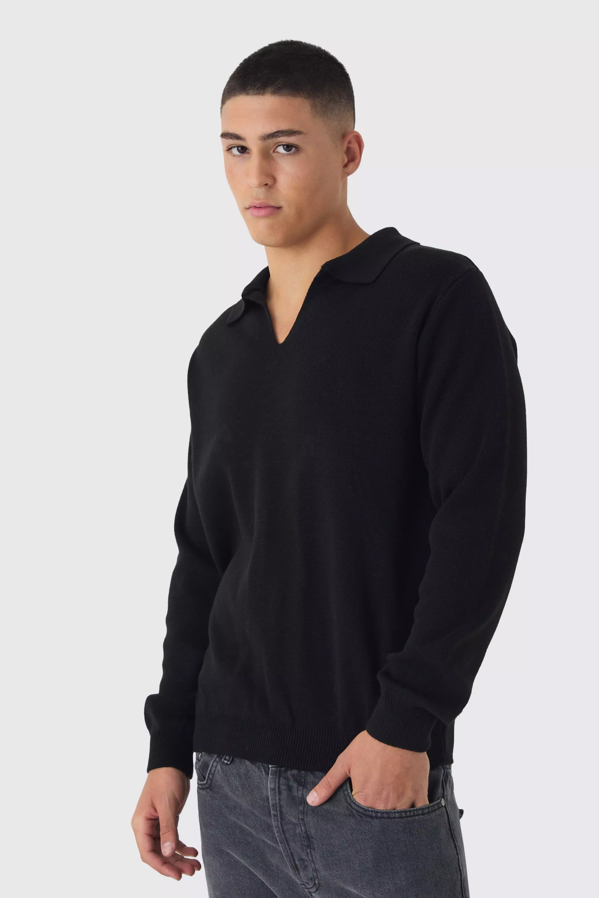 Black Regular Long Sleeve Knitted Polo Sweater