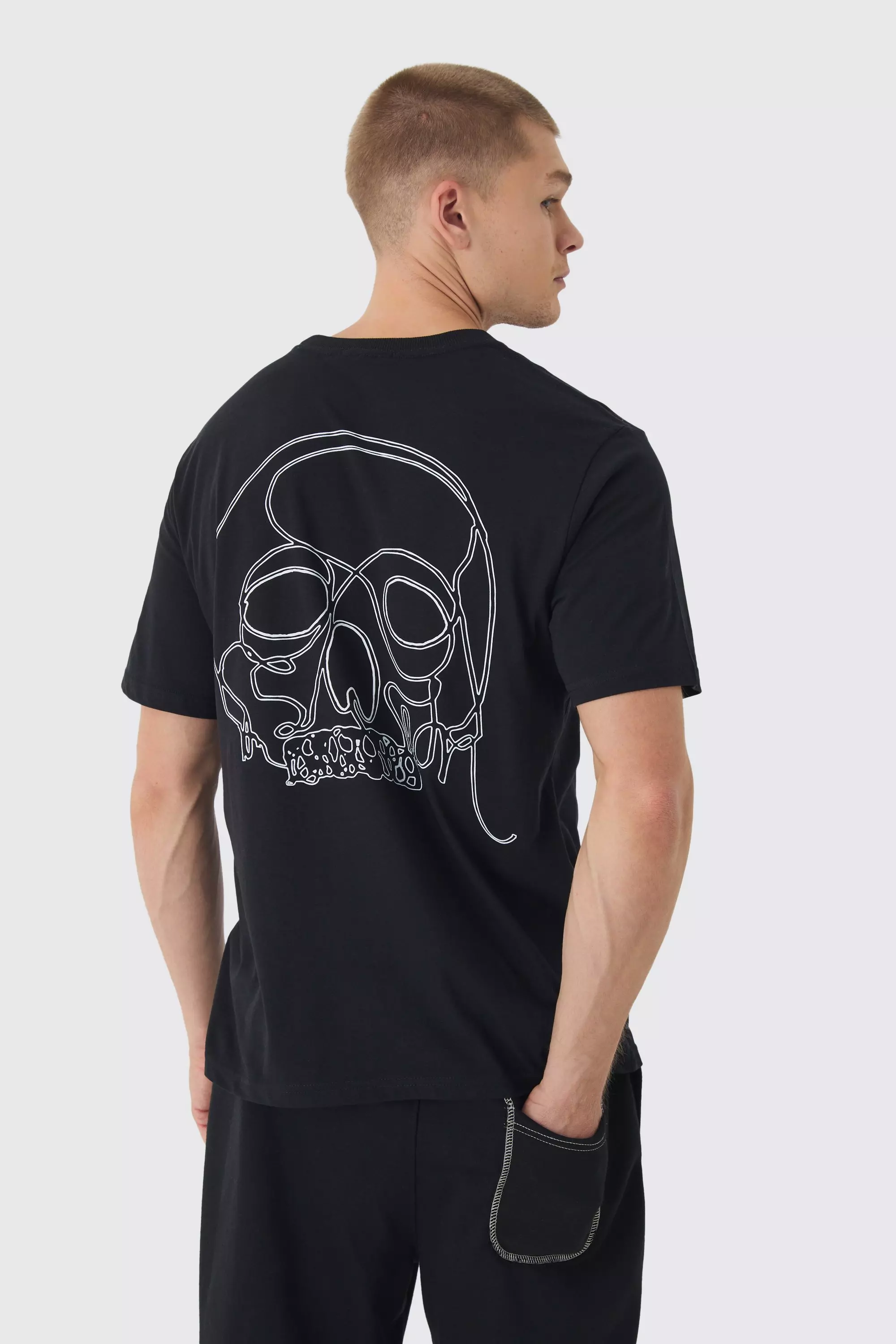 Skull Line Drawing Graphic T-shirt Black