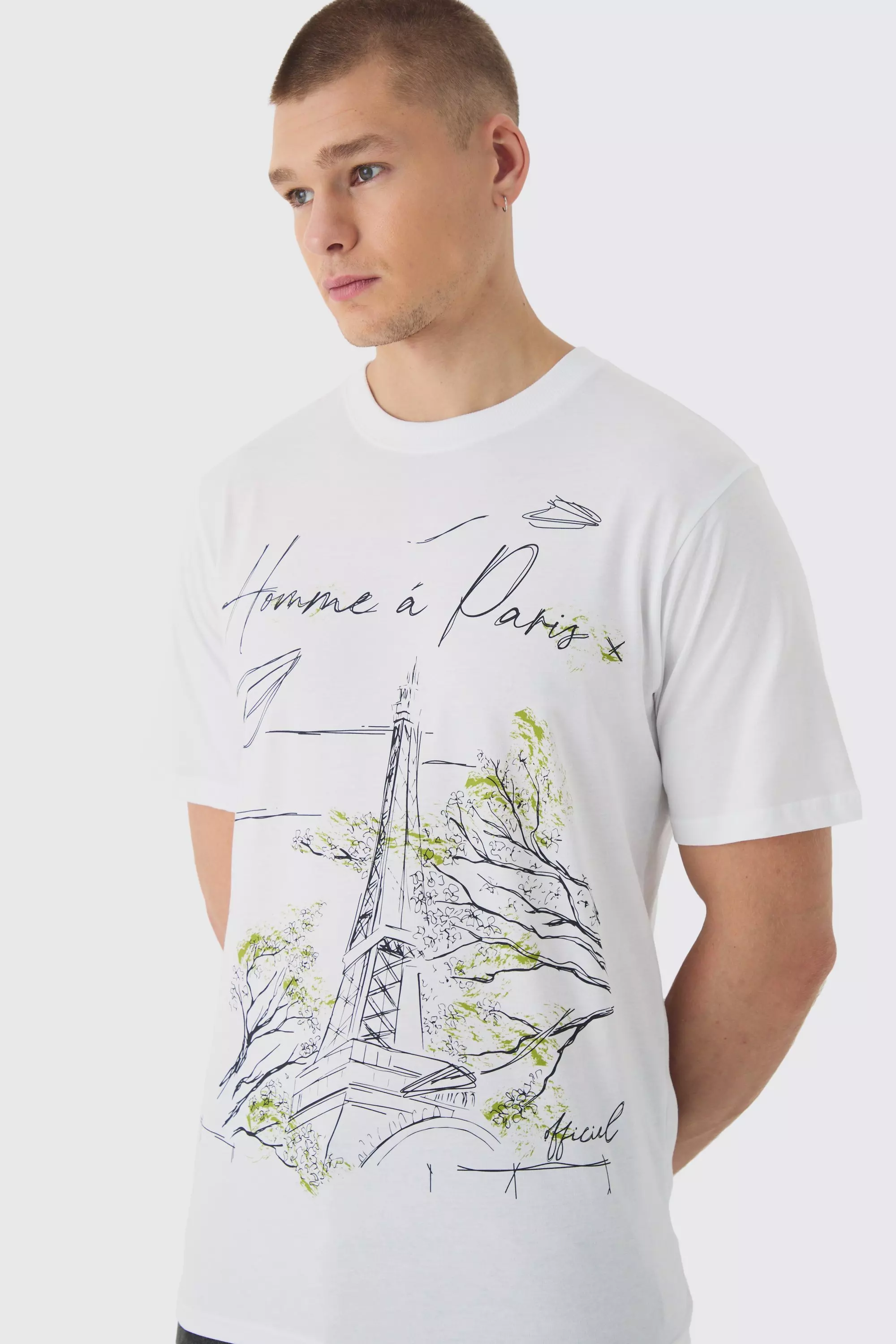 Homme Paris Line Drawing Print T-Shirt White