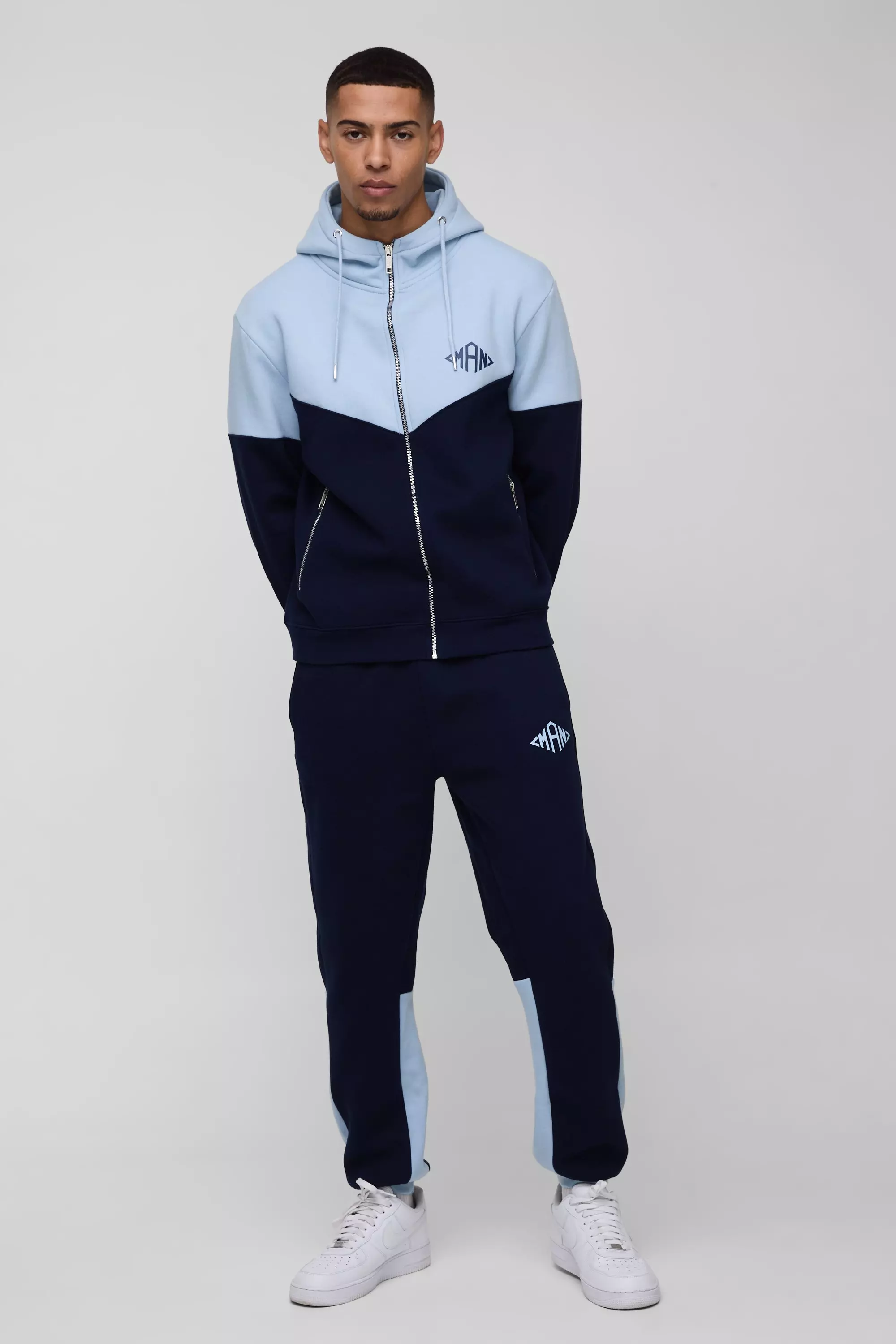 Navy Regular Fit Man Diamond Colour Block Zip Through Hooded Tracksuit