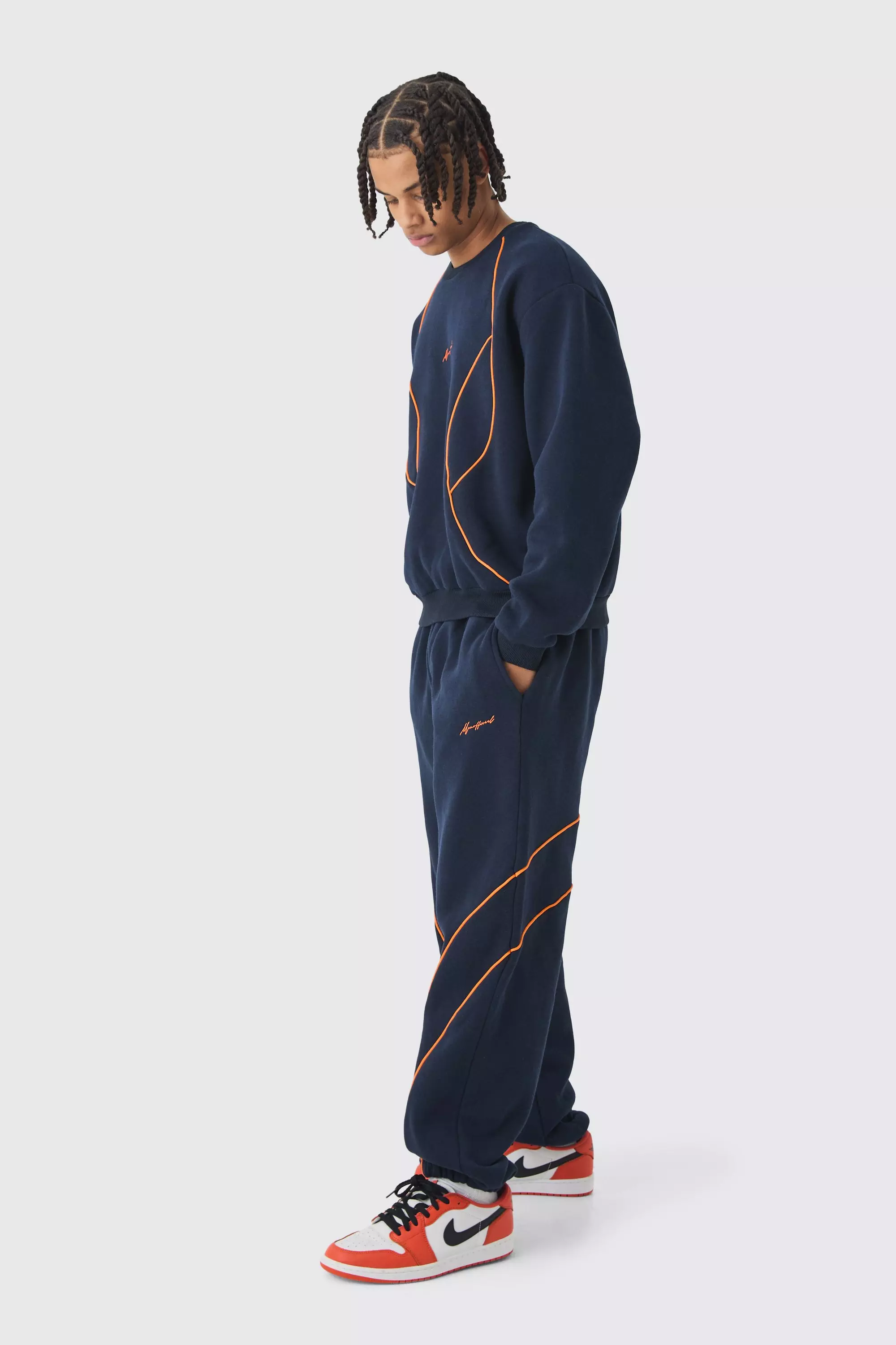 Navy Oversized Boxy Man Piping Detail Sweatshirt Tracksuit