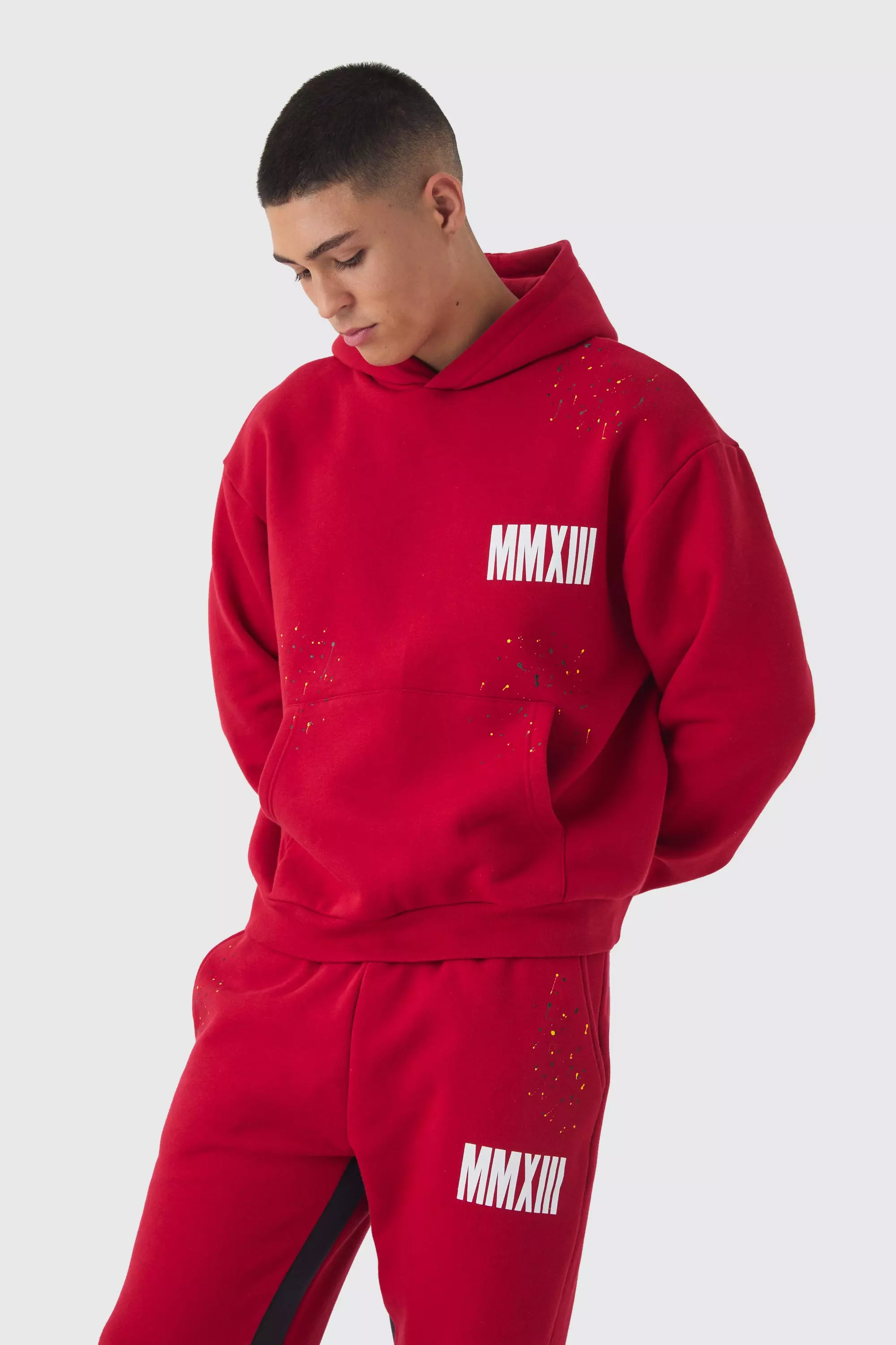 【THEAIRTOWN】Stripe Hood Lettering Pants Set Oversized Boxy Man Paint Splatter Gusset Hooded Tracksuit