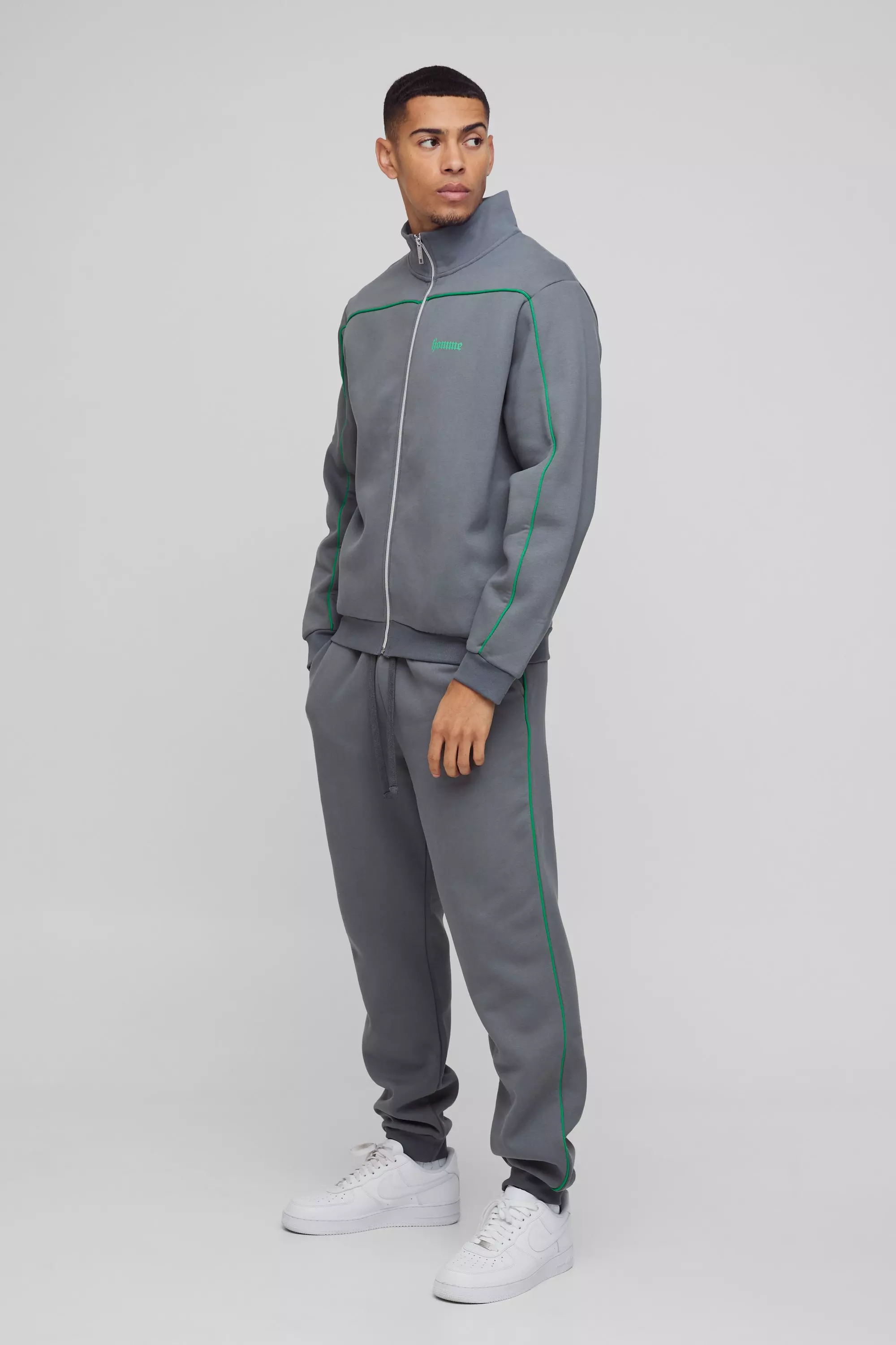 Charcoal Grey Regular Fit Homme Piping Detail Zip Through Funnel Neck Tracksuit