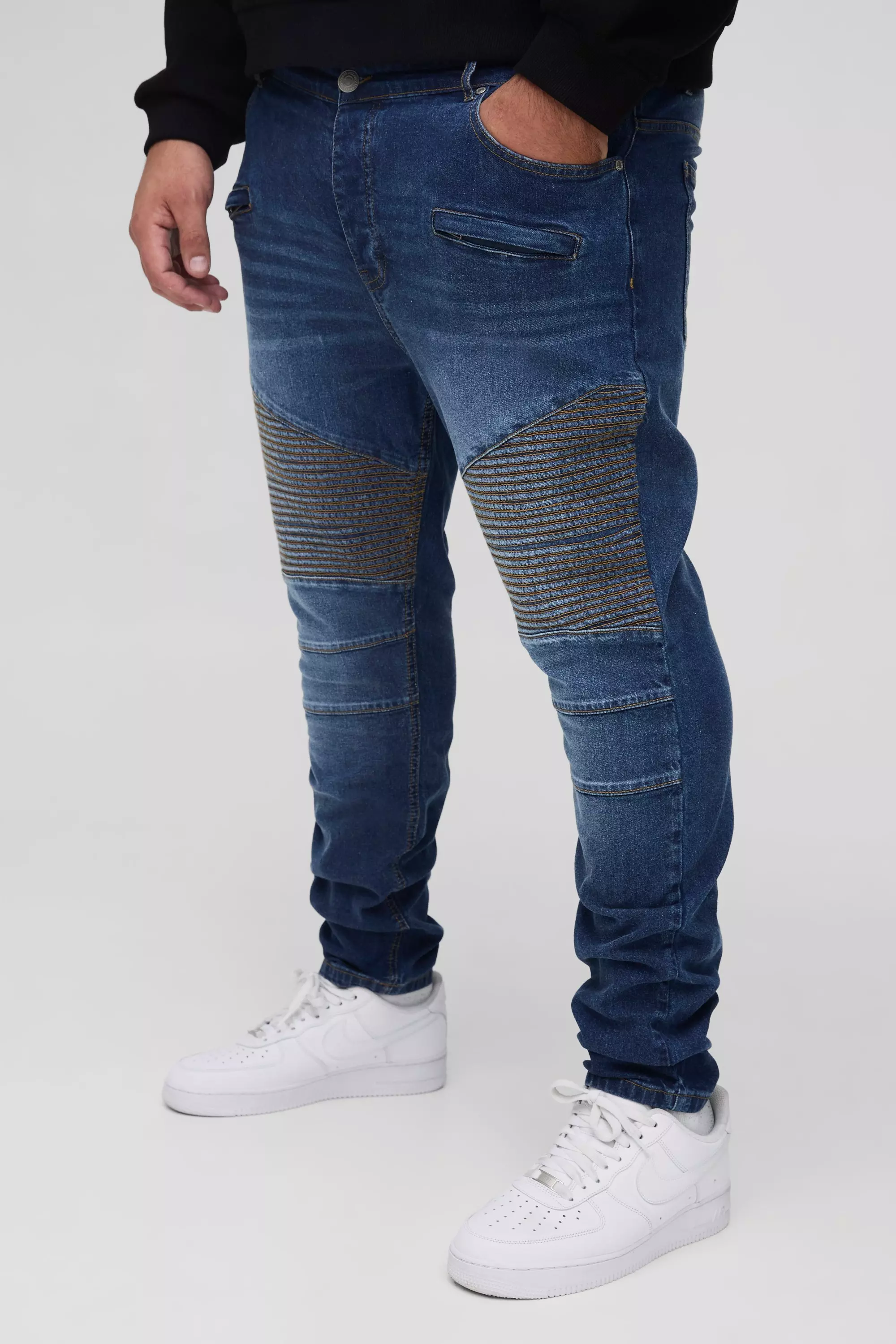 Plus Skinny Biker Ripped Knee Jeans boohooMAN UK