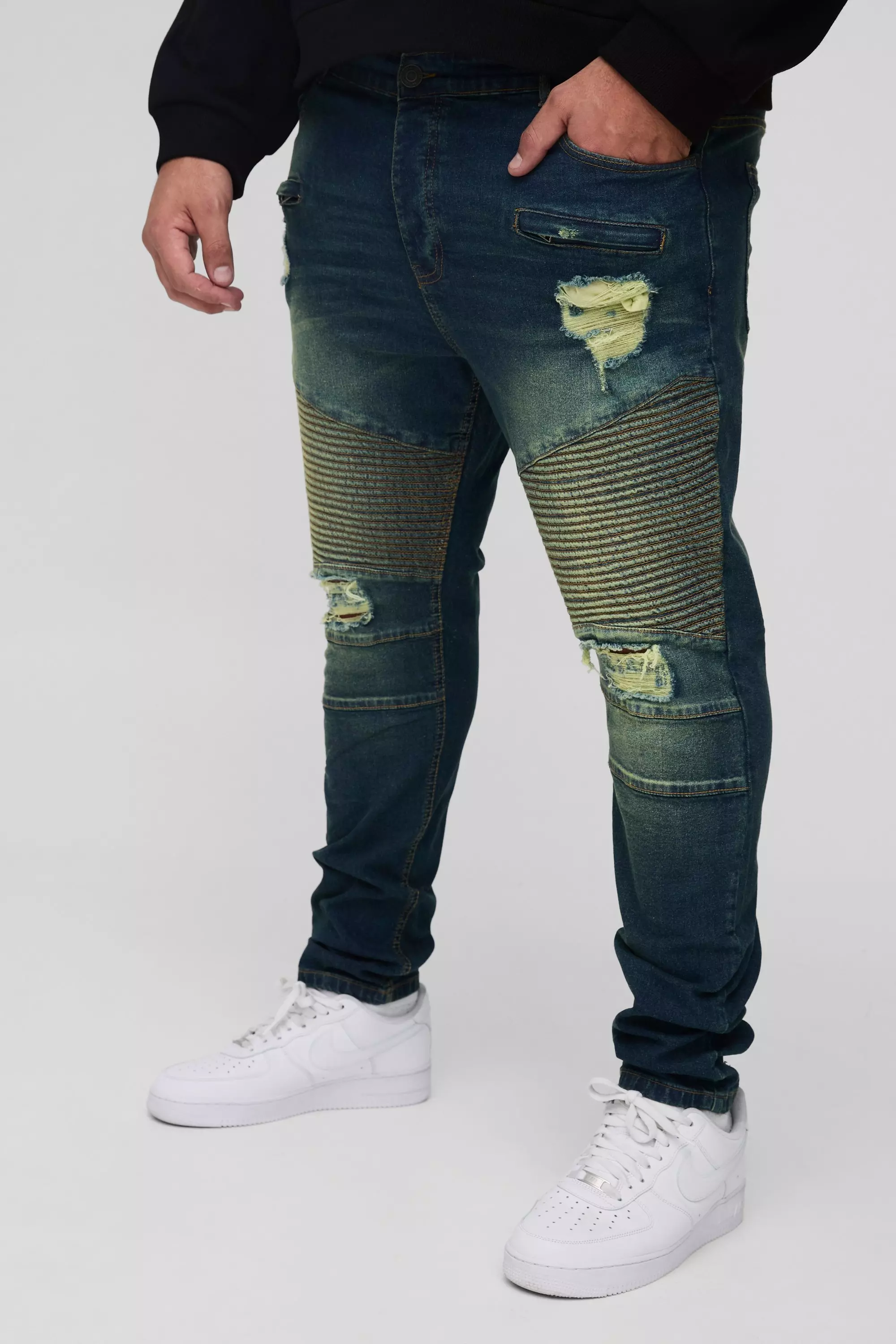 Vintage blue Plus Skinny Stretch Ripped Distressed Biker Jeans alternative image