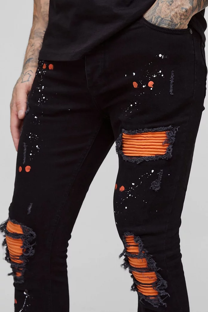 Tall Super Skinny Stretch Biker Rip & Repair Paint Splat Tall Super Skinny Stretch Biker Rip & Repair Paint Splat
