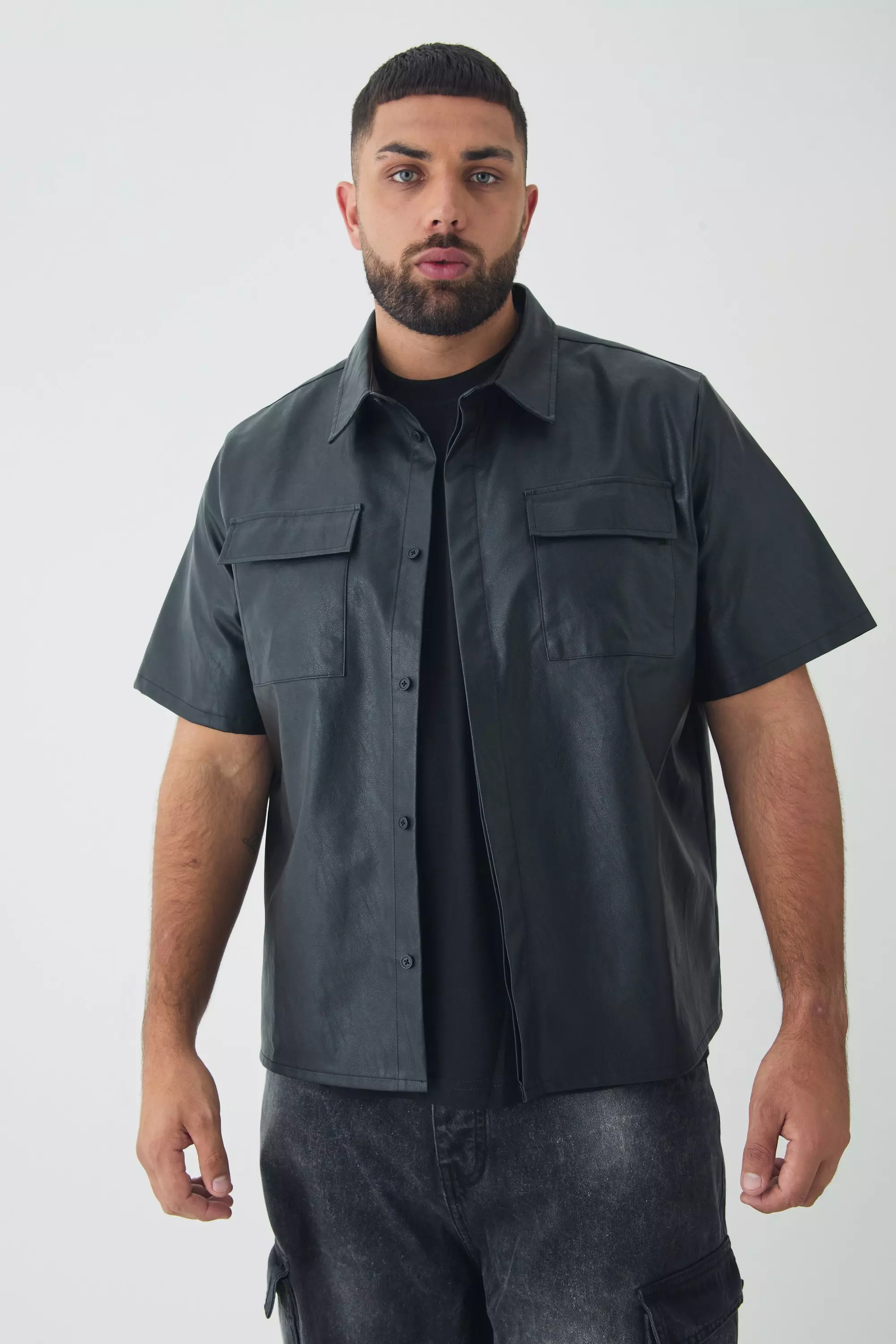 Black Plus Regular Fit Debossed Back PU Shirt alternative image