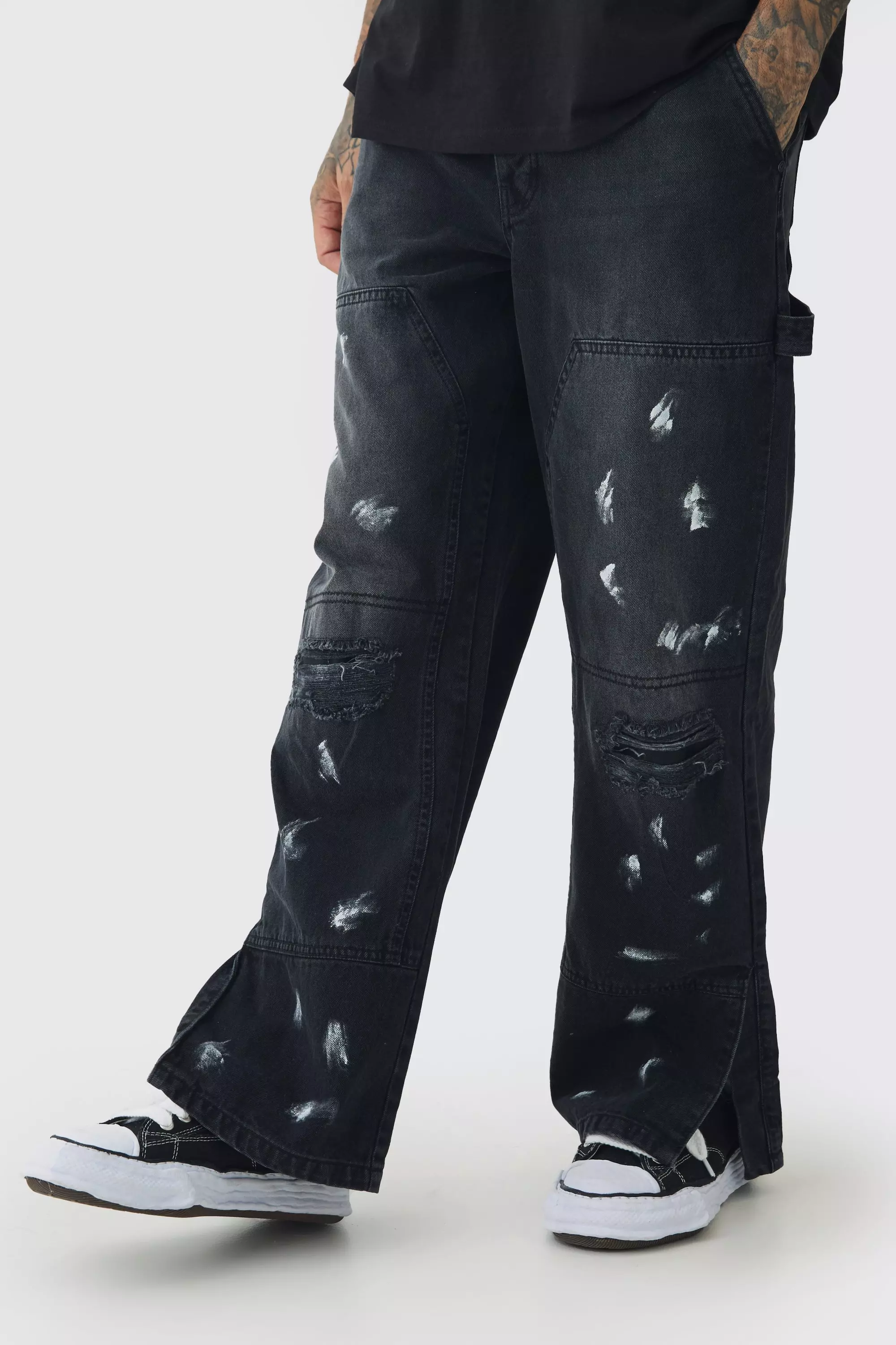 Tall Popper Hem Paint Splatter Relaxed Fit Carpenter Pants Charcoal