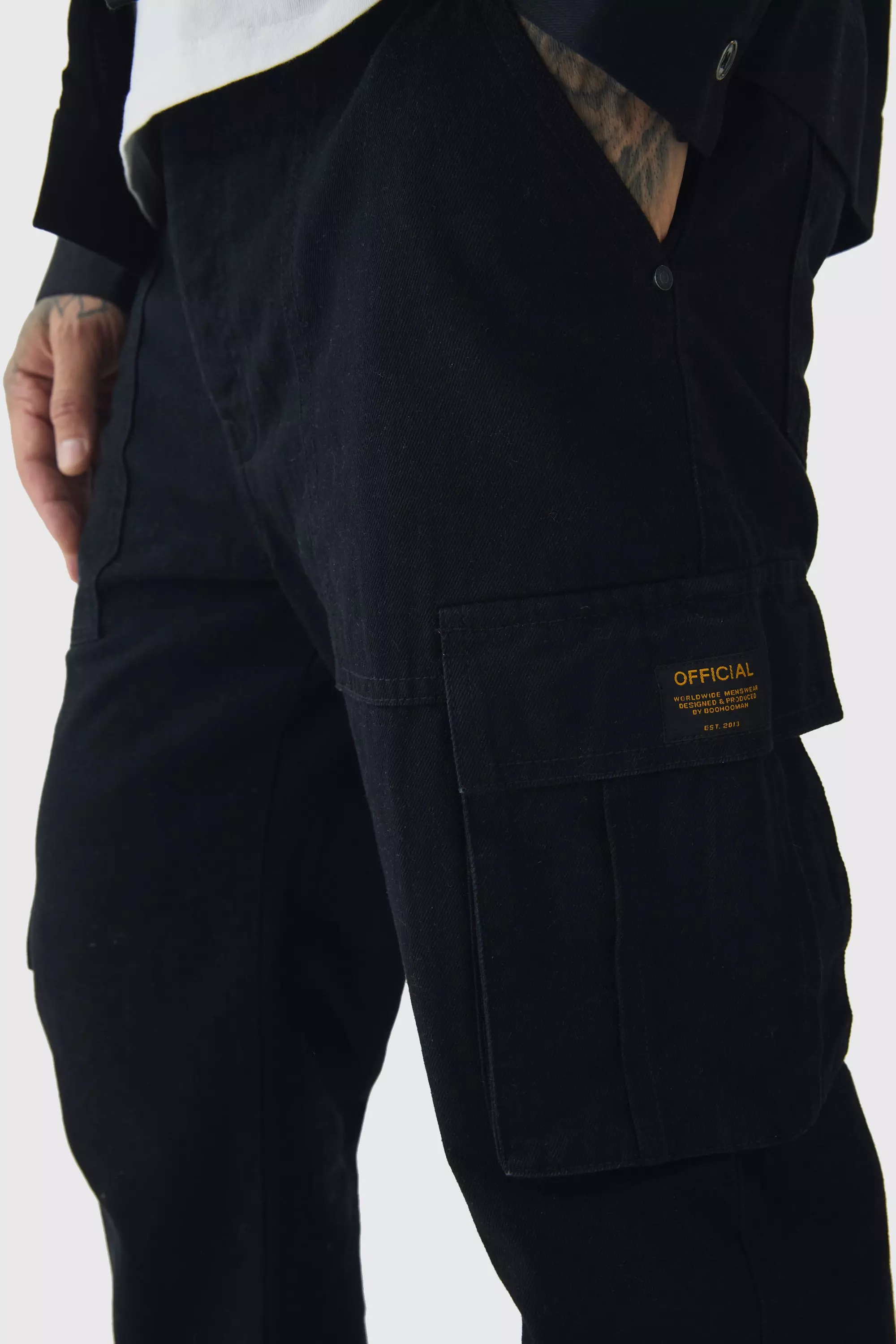 Tall Tapered Fit Cargo Pants in Black | boohooMAN USA