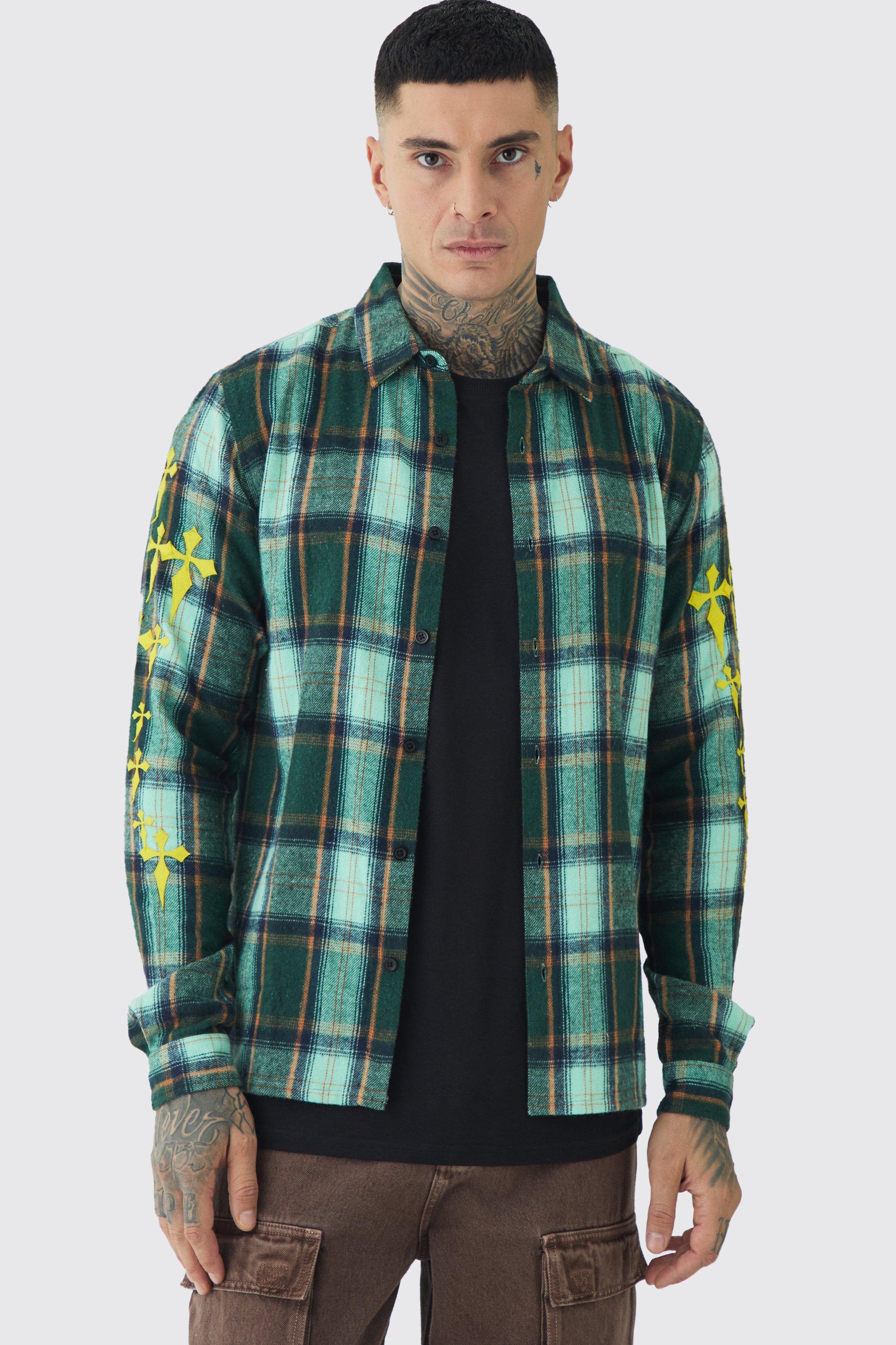 Tall Cross Applique Regular Fit PlaidShirt in Green | boohooMAN USA