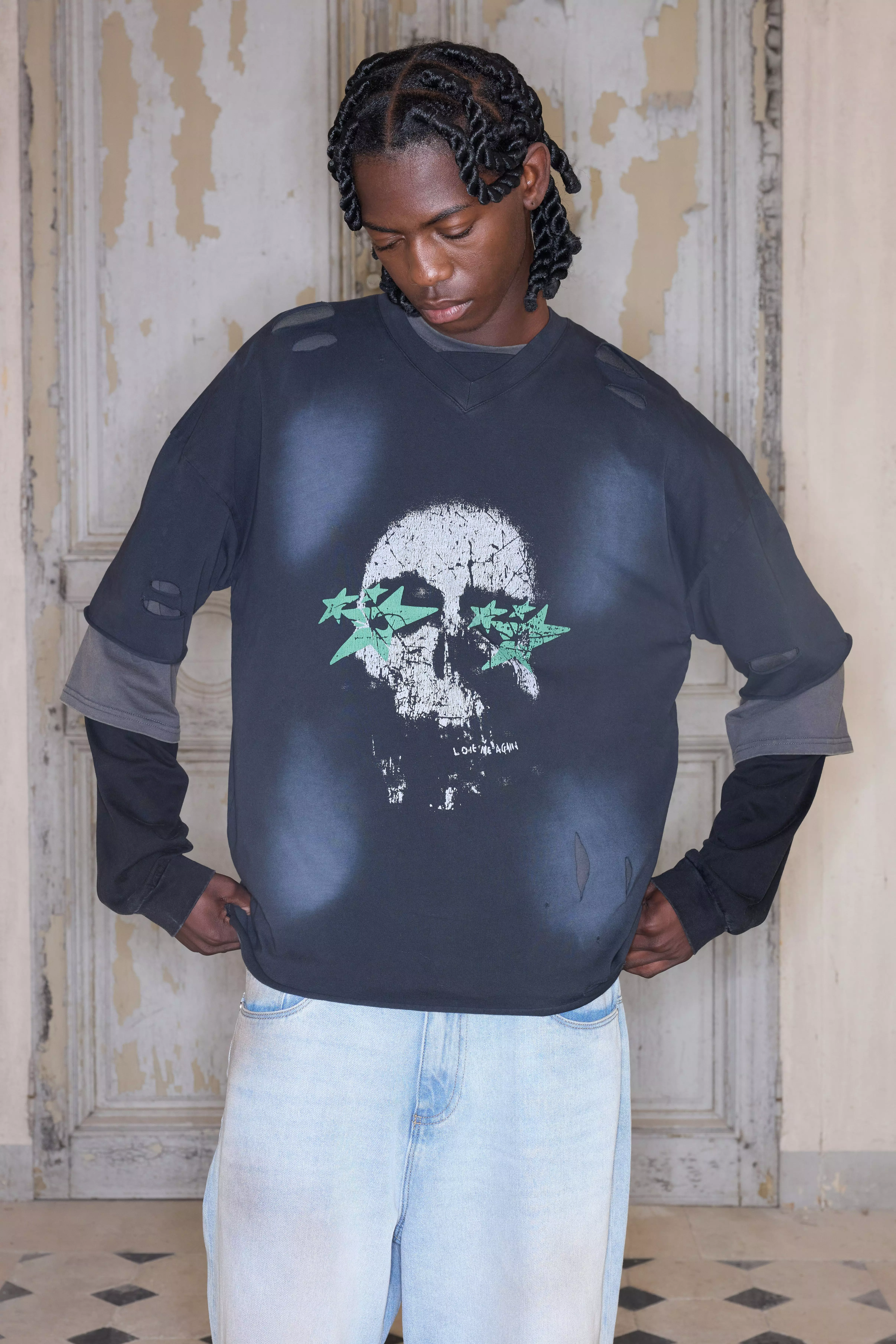 T-shirt oversize premium délavé à col V, Washed black autre image