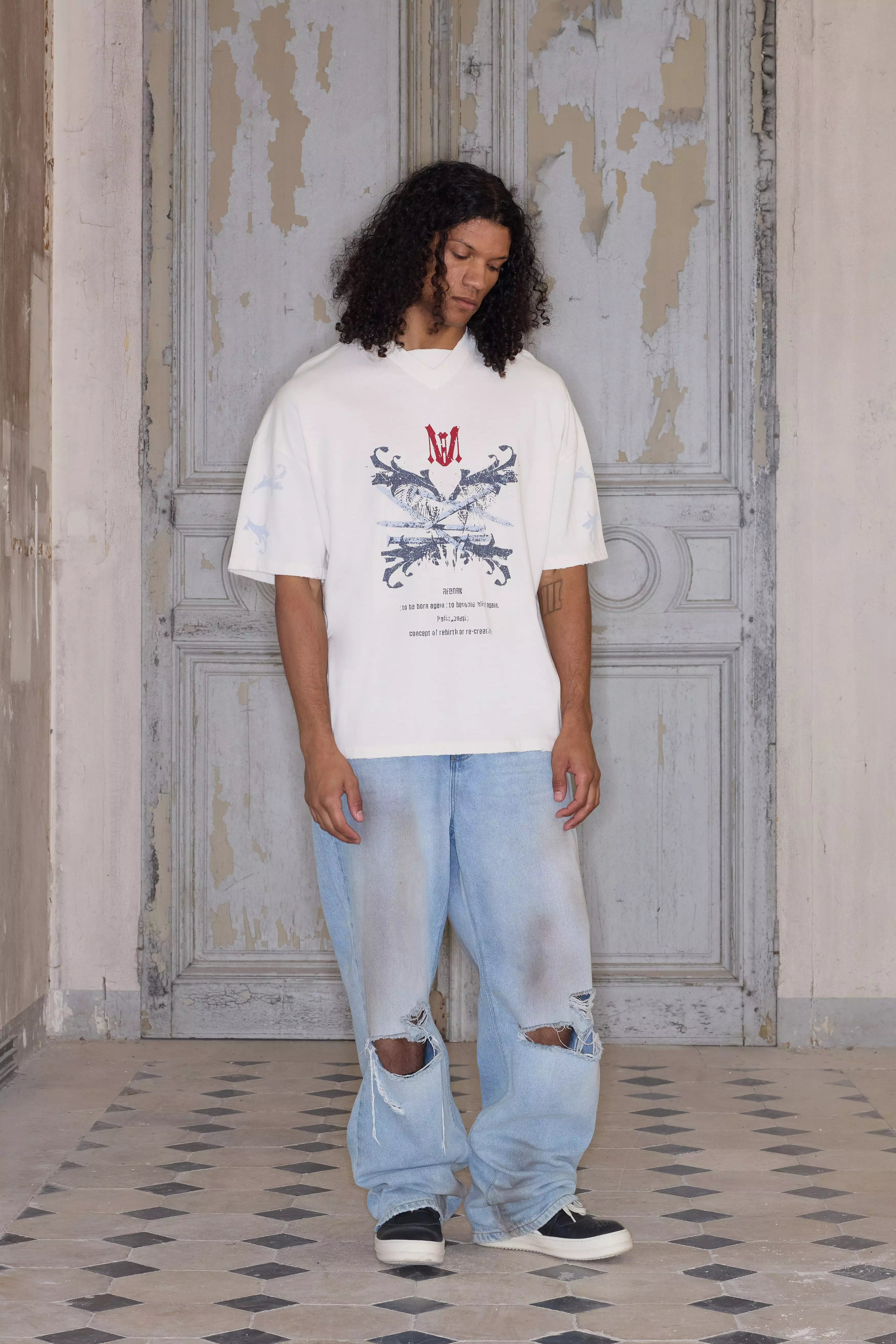 T-shirt oversize premium délavé à col V, Ecru autre image