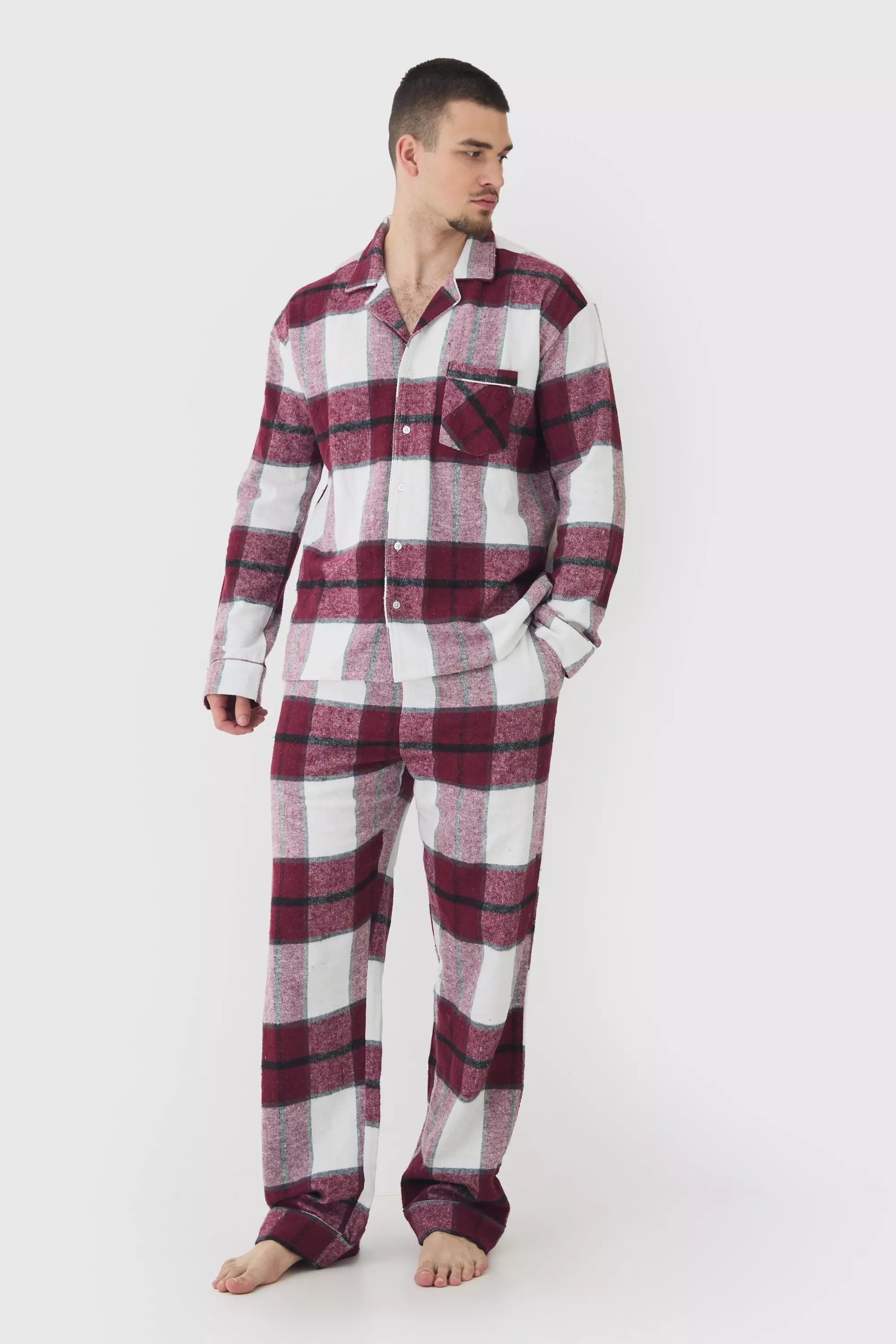 Tall Brushed Check Shirt and Trouser Pyjama Set boohooMAN