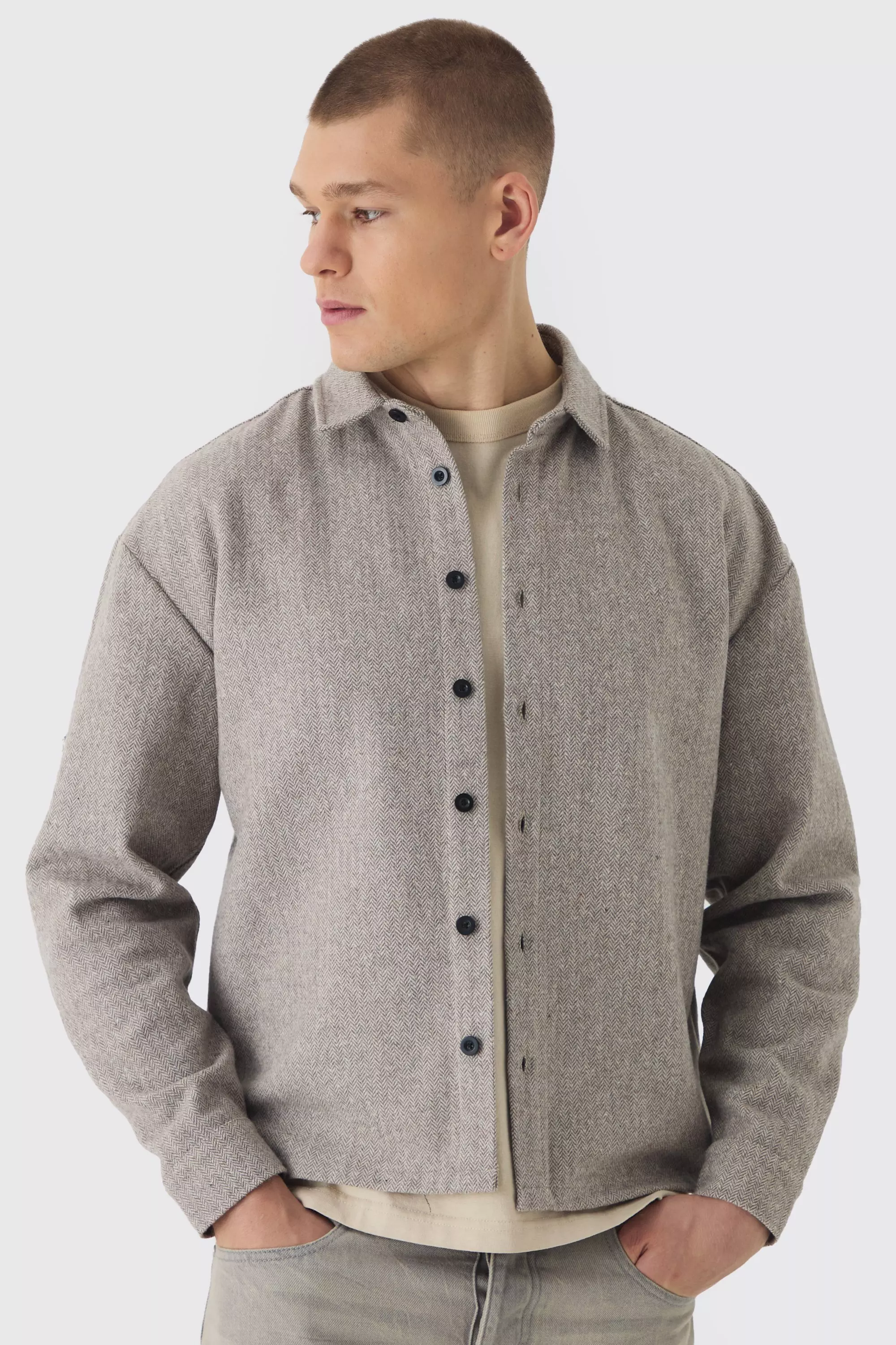 Oversized Herringbone Overshirt Brown