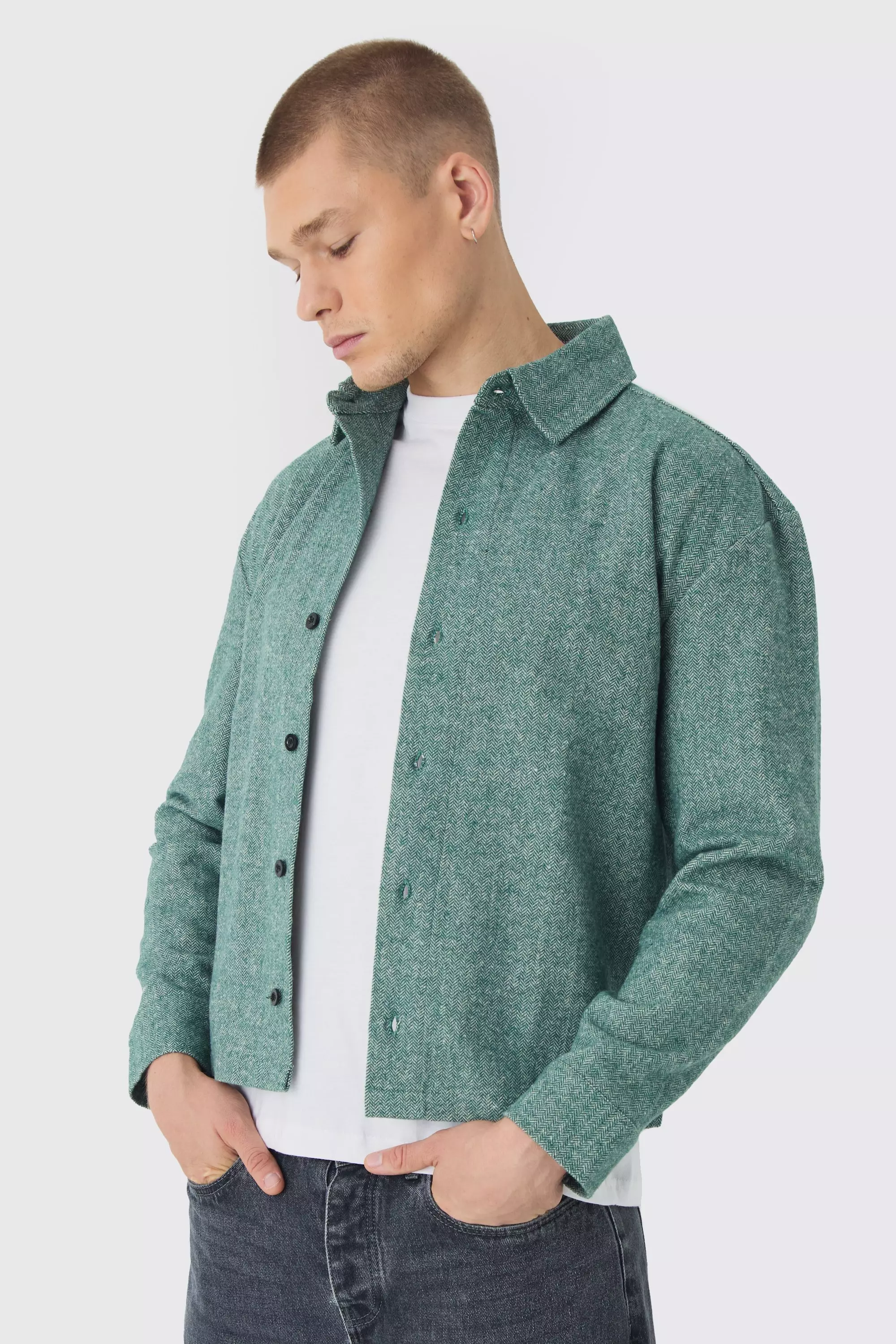 Regular Herringbone Long Sleeve Overshirt Dark green