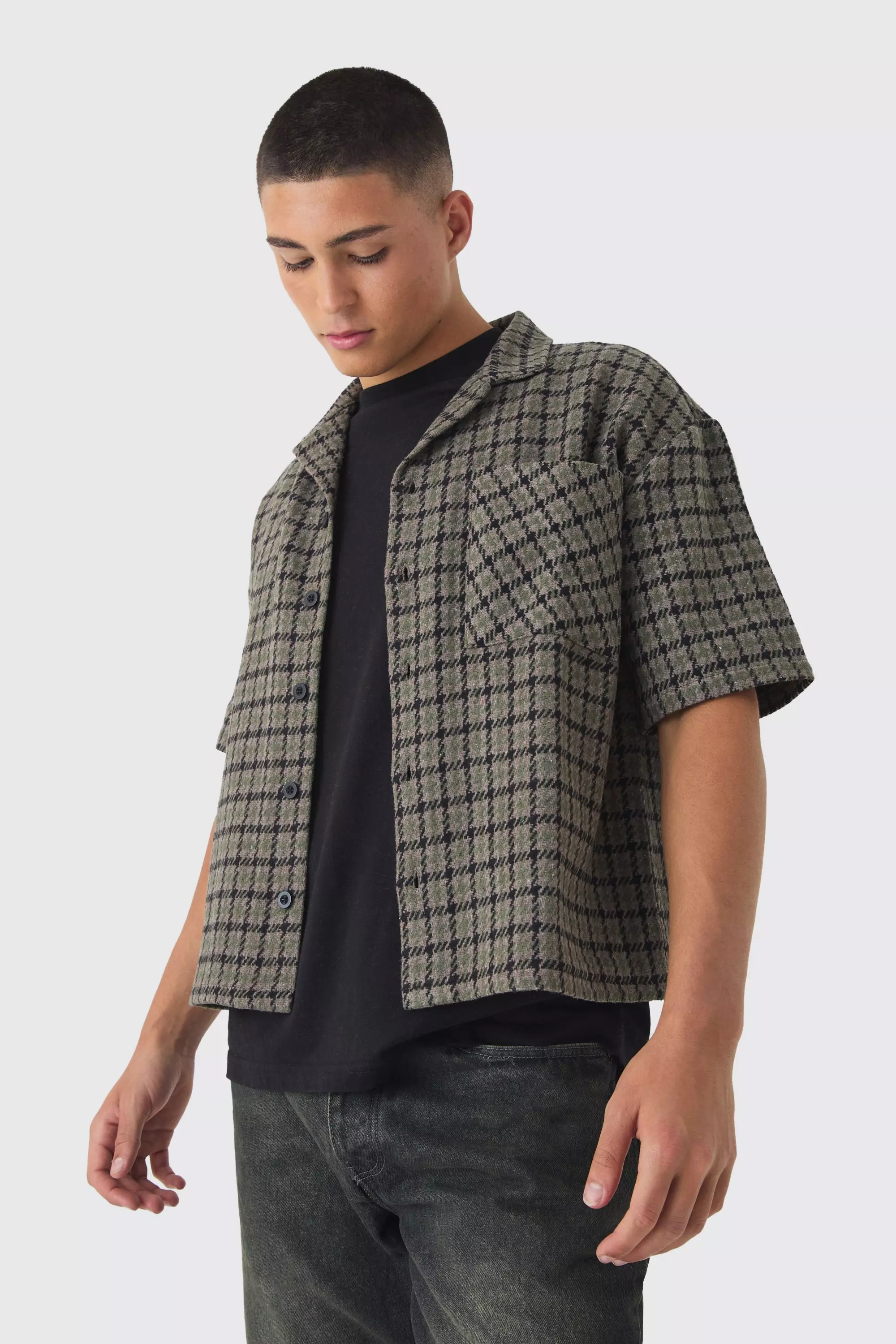 Oversized Houndstooth One Pocket Boxy Revere Shirt Brown