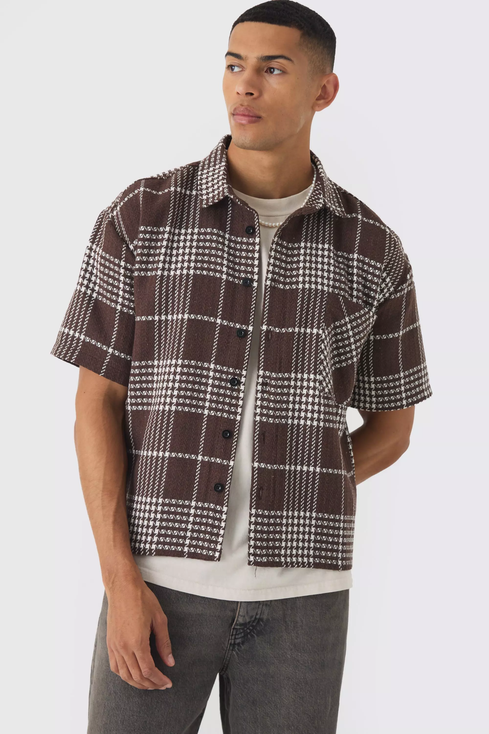 Oversized Twill Plaid One Pocket Boxy Quarter Sleeve Shirt Brown