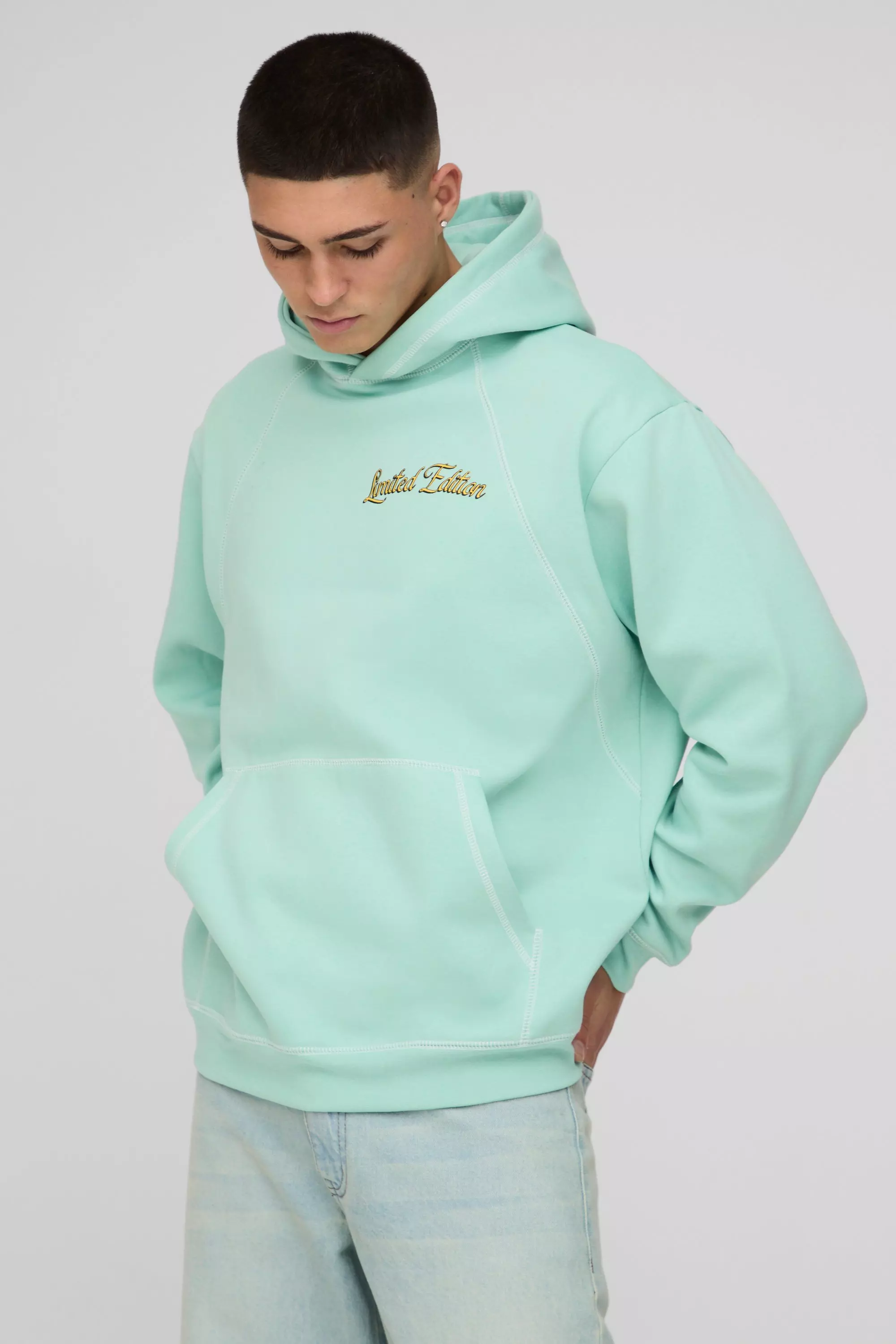 Oversized Contrast Stitch Limited Edition Printed Hoodie Turquoise