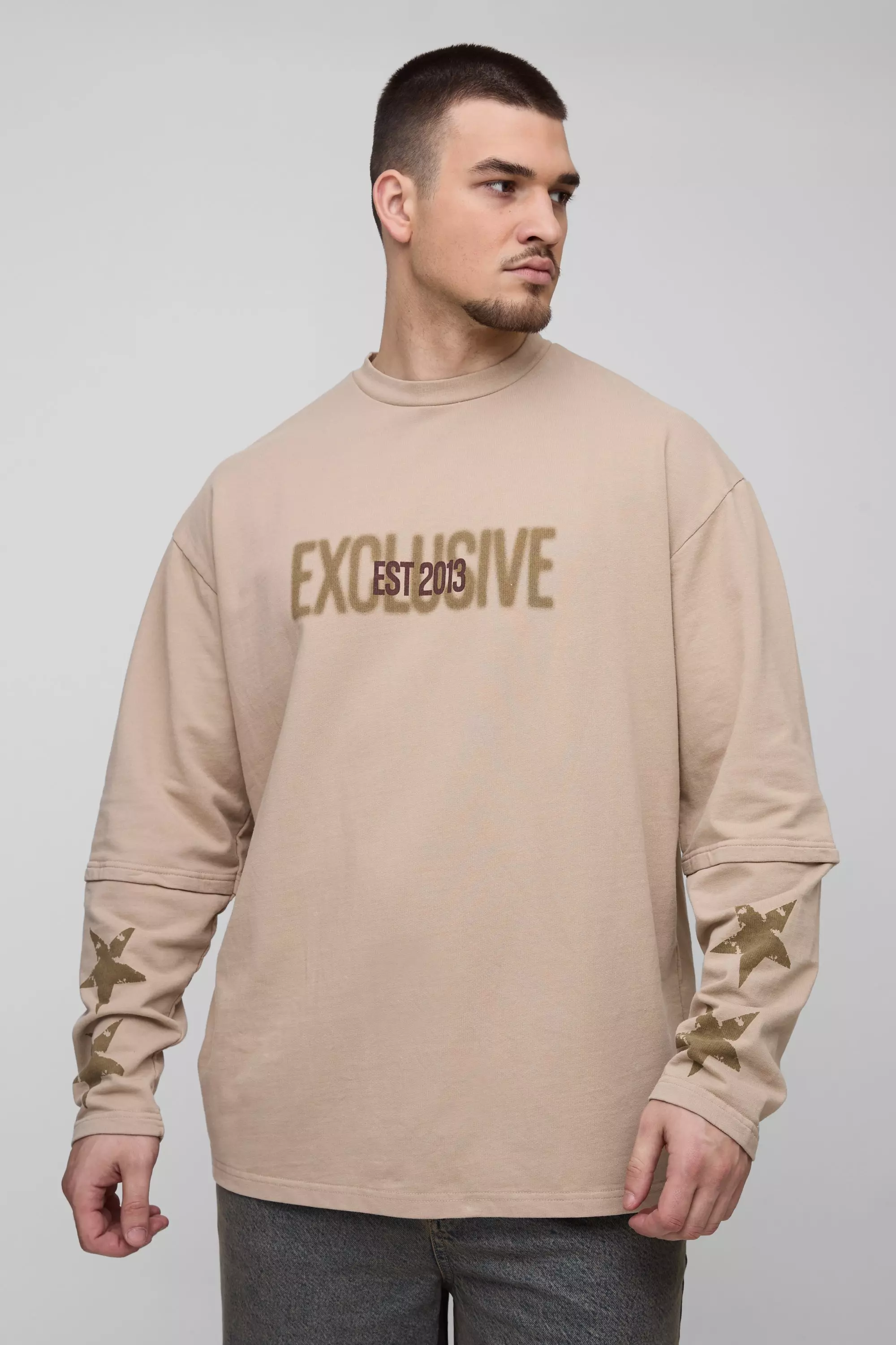 Stone Tall Acid Wash Star Print Faux Layer T-shirt  alternative image