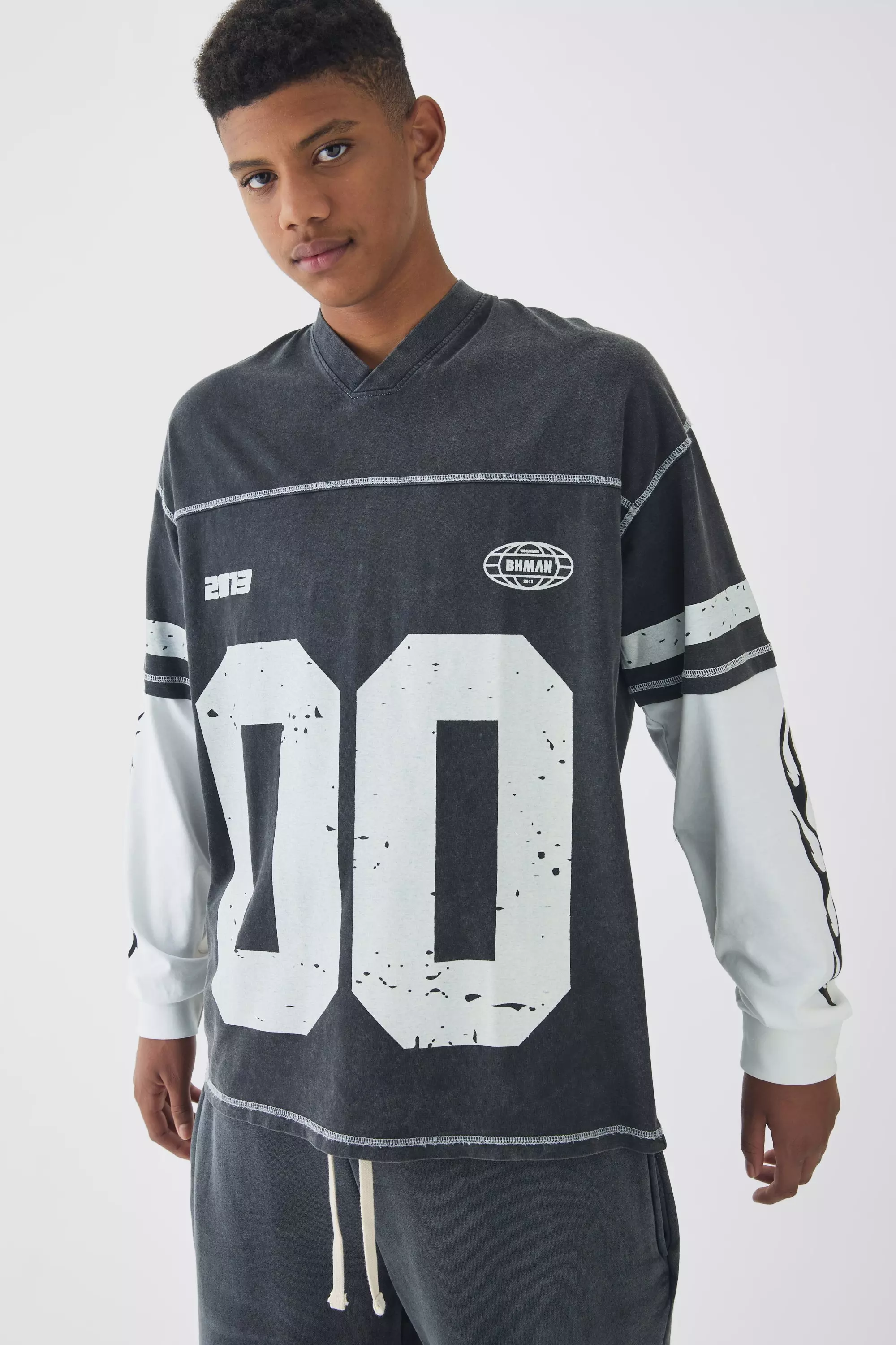 Black Tall Acid Wash Varsity Flame Print Faux Layer T-shirt