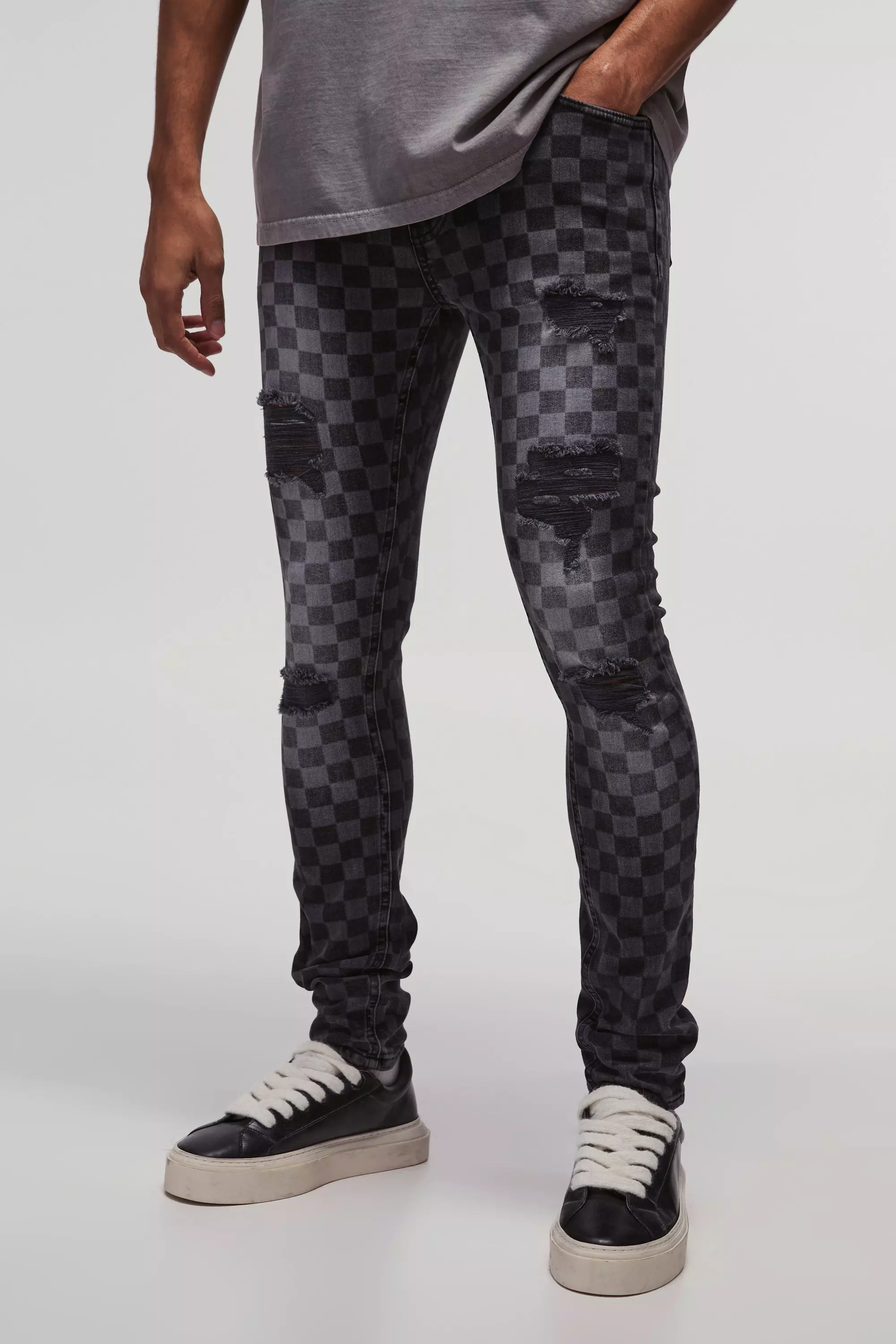 Black Super Skinny Stretch Checkerboard Ripped Denim Jeans