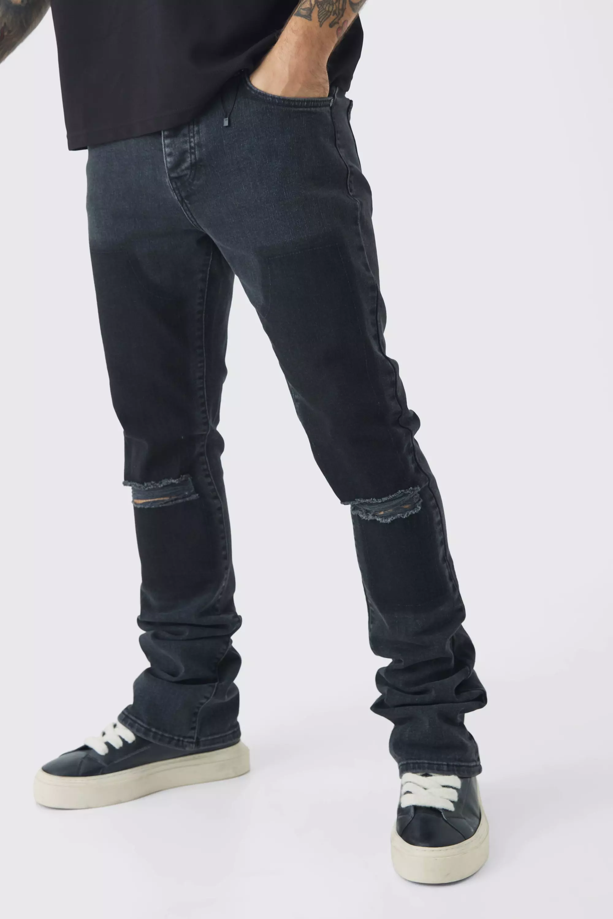 Skinny Stretch Stacked Flared Ripped Overdye Carpenter Denim Jeans Charcoal