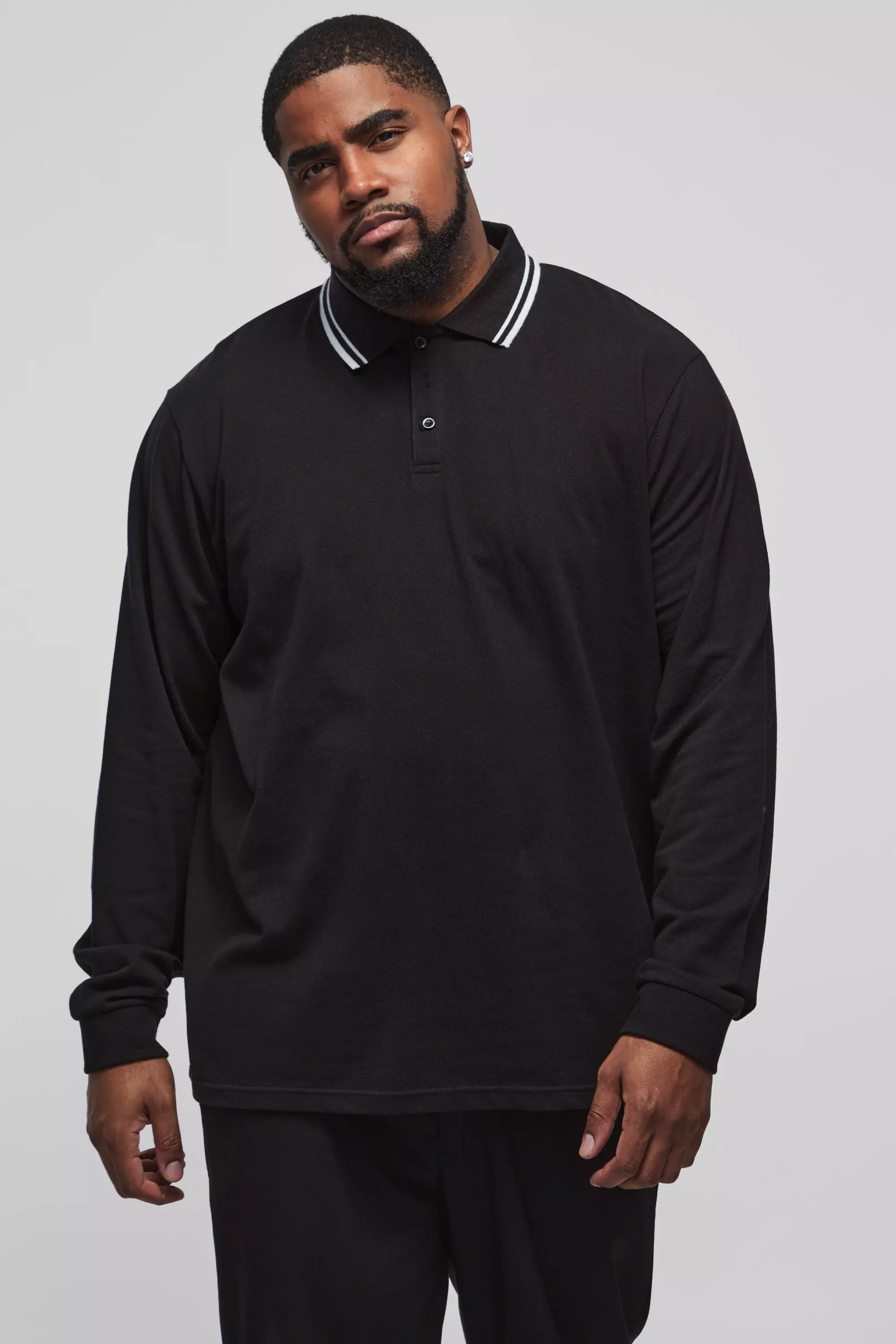 Black Plus Slim Tipped Pique Long Sleeve Polo In Black