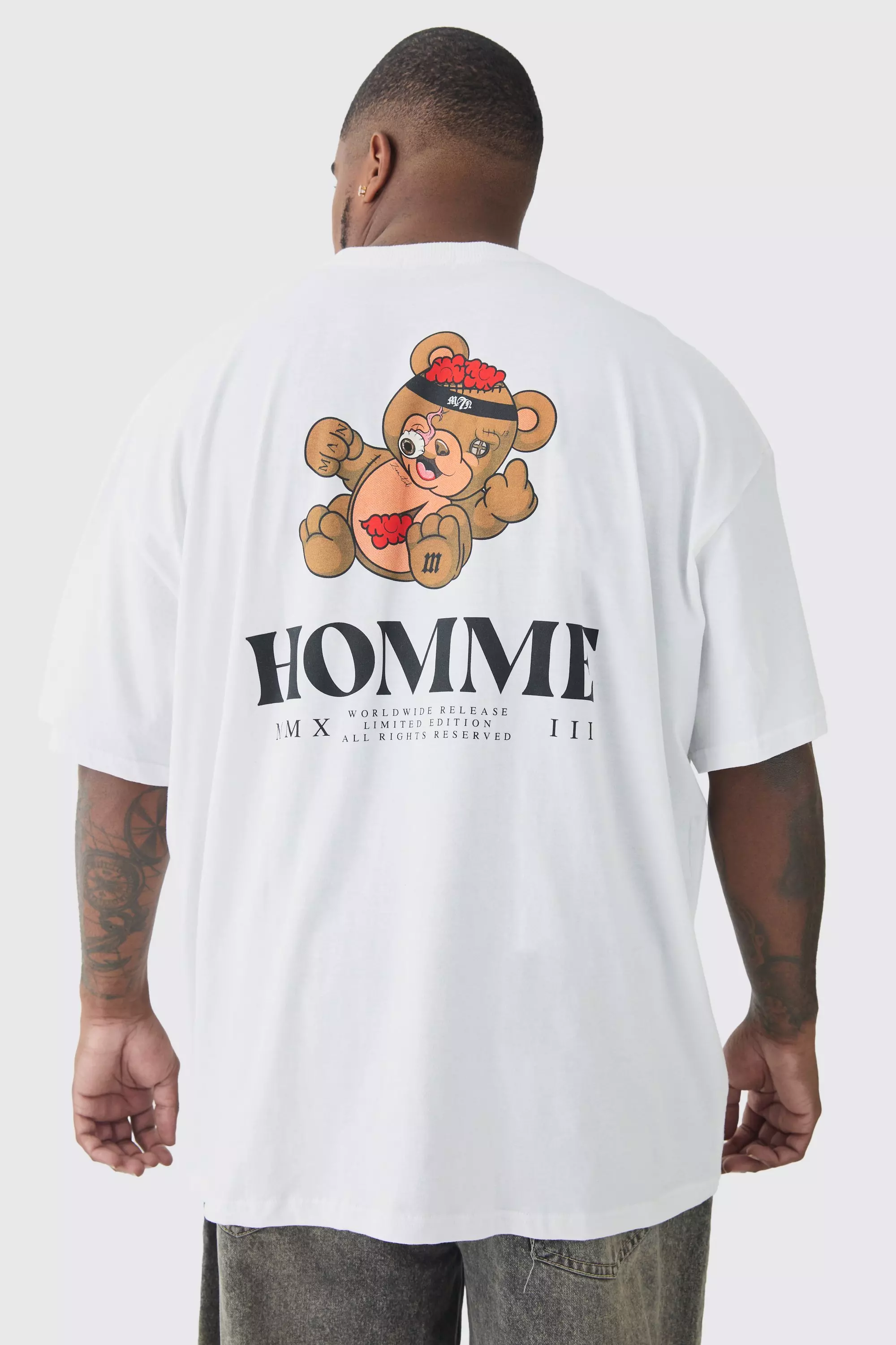 White Plus Oversized Evil Teddy Homme Print T-Shirt