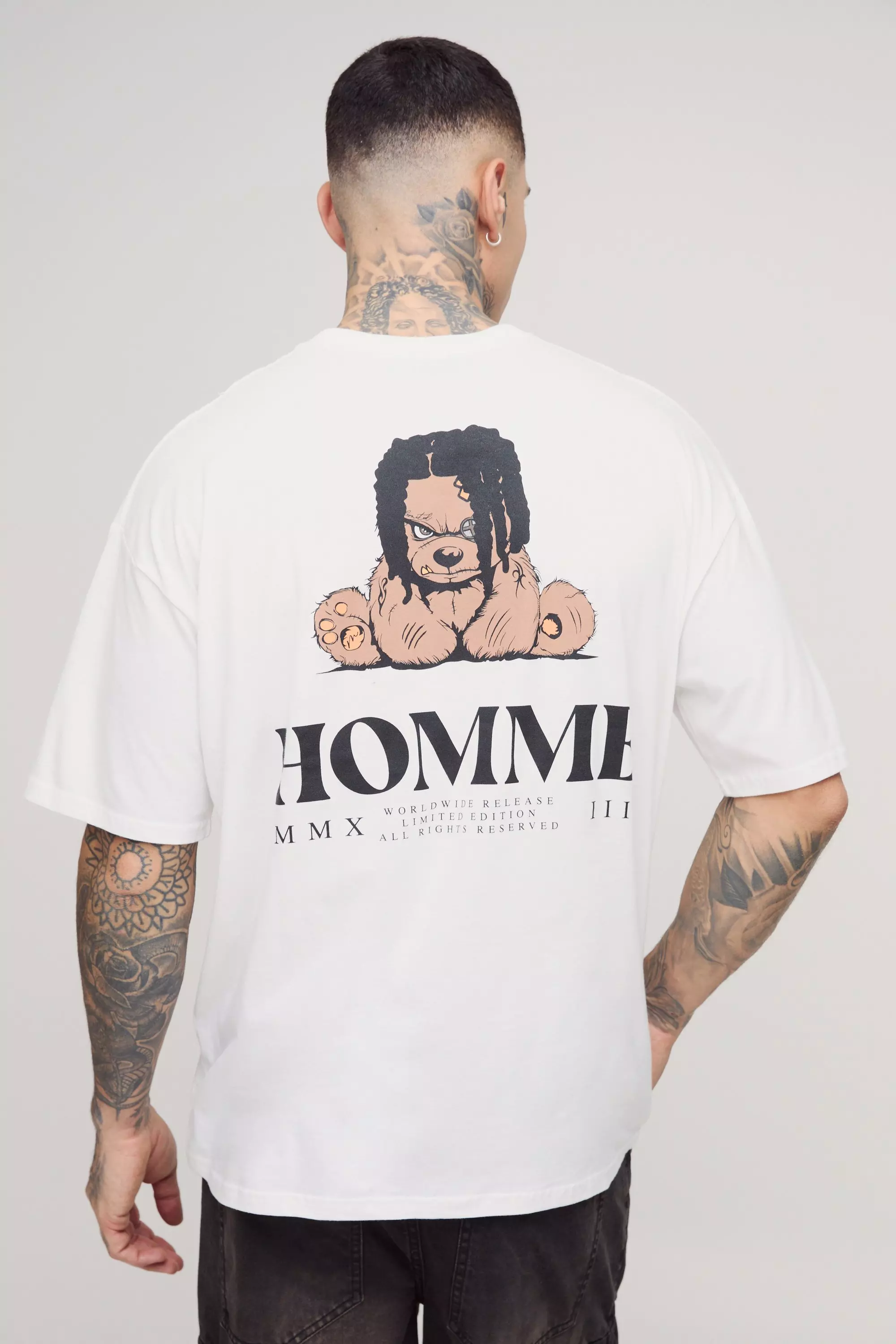 Tall Oversized Evil Teddy Homme Print T-Shirt White