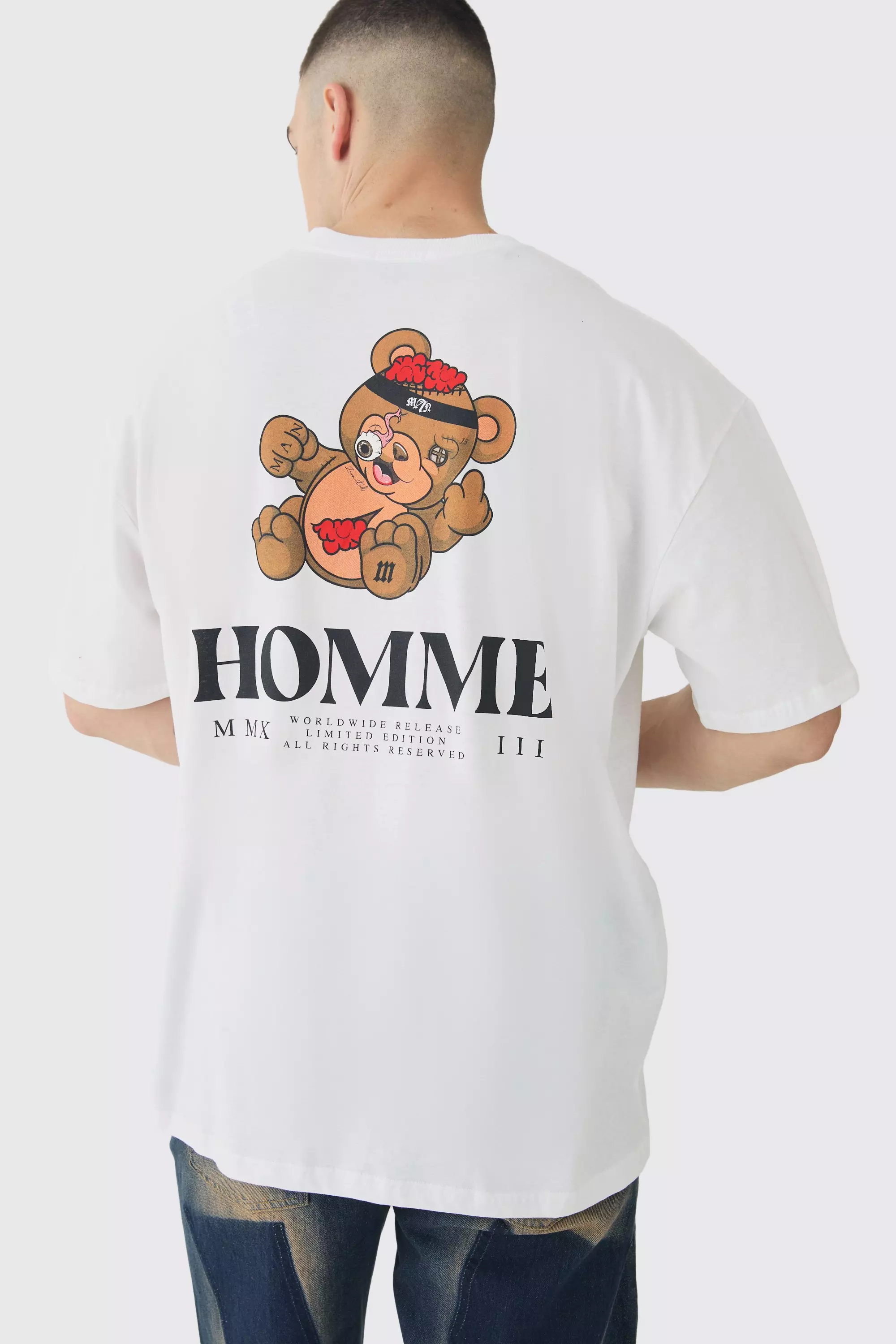 Tall Oversized Evil Teddy Homme Print T-Shirt White