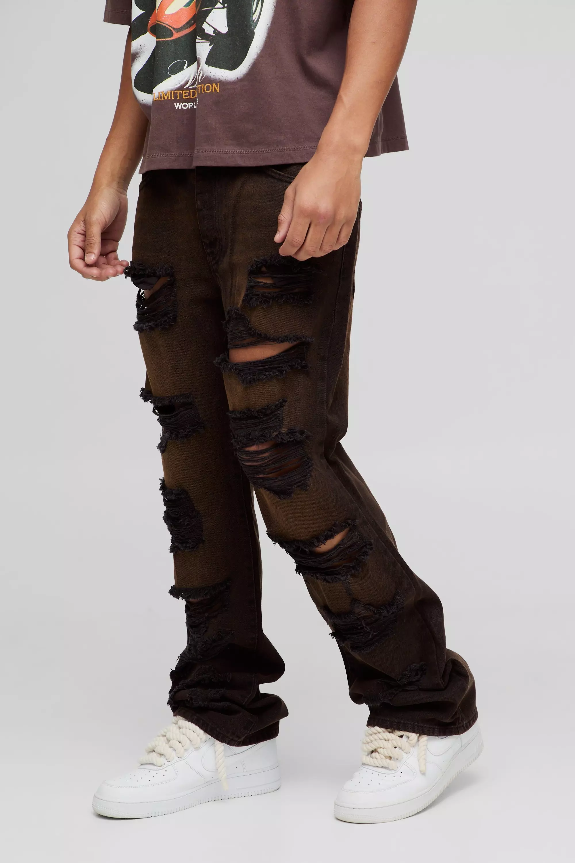 Vintage wash Slim Rigid Flared Washed Ripped Jeans  alternative image