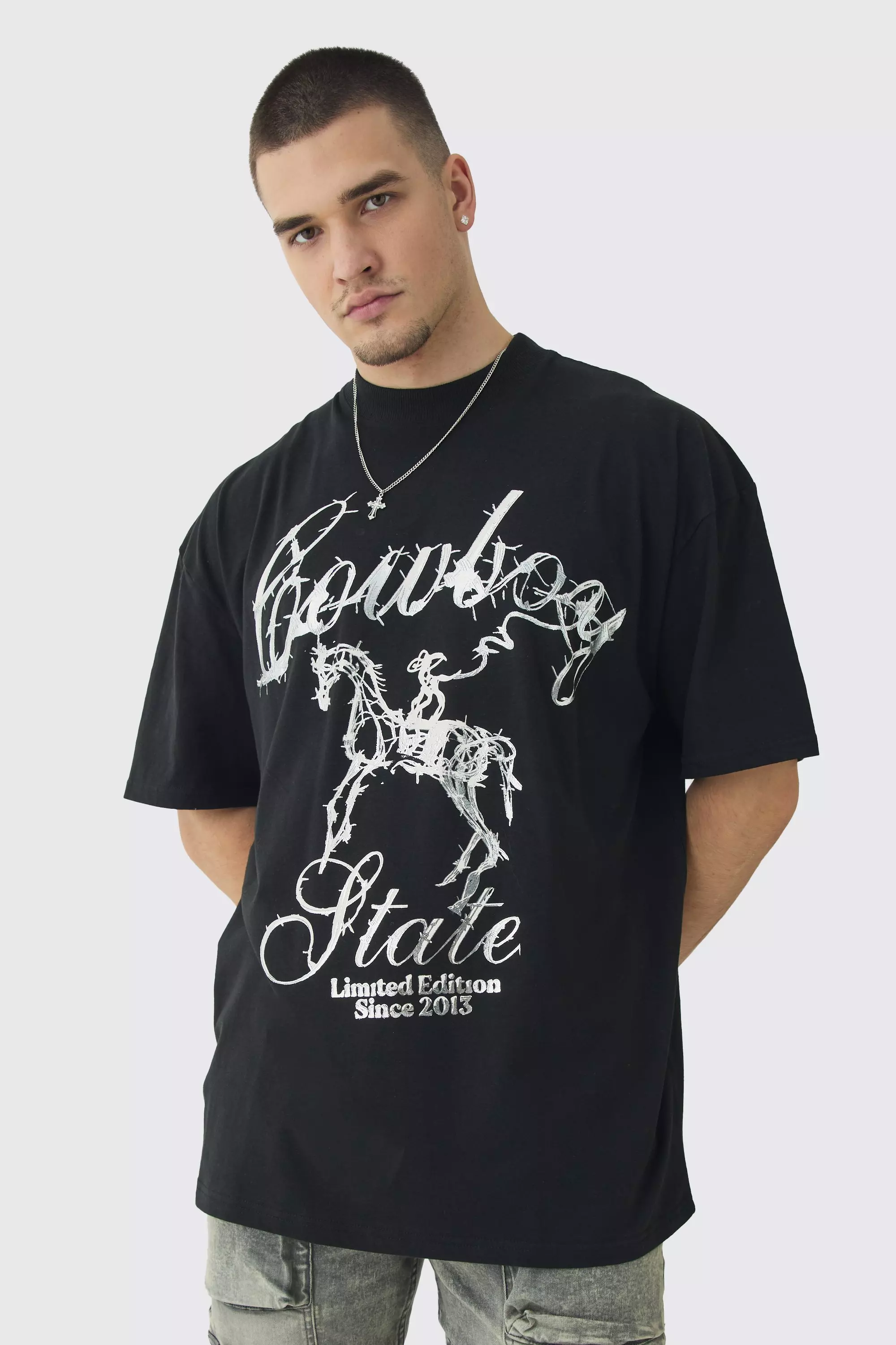 Tall Oversized Metallic Print Cowboy T-Shirt Black