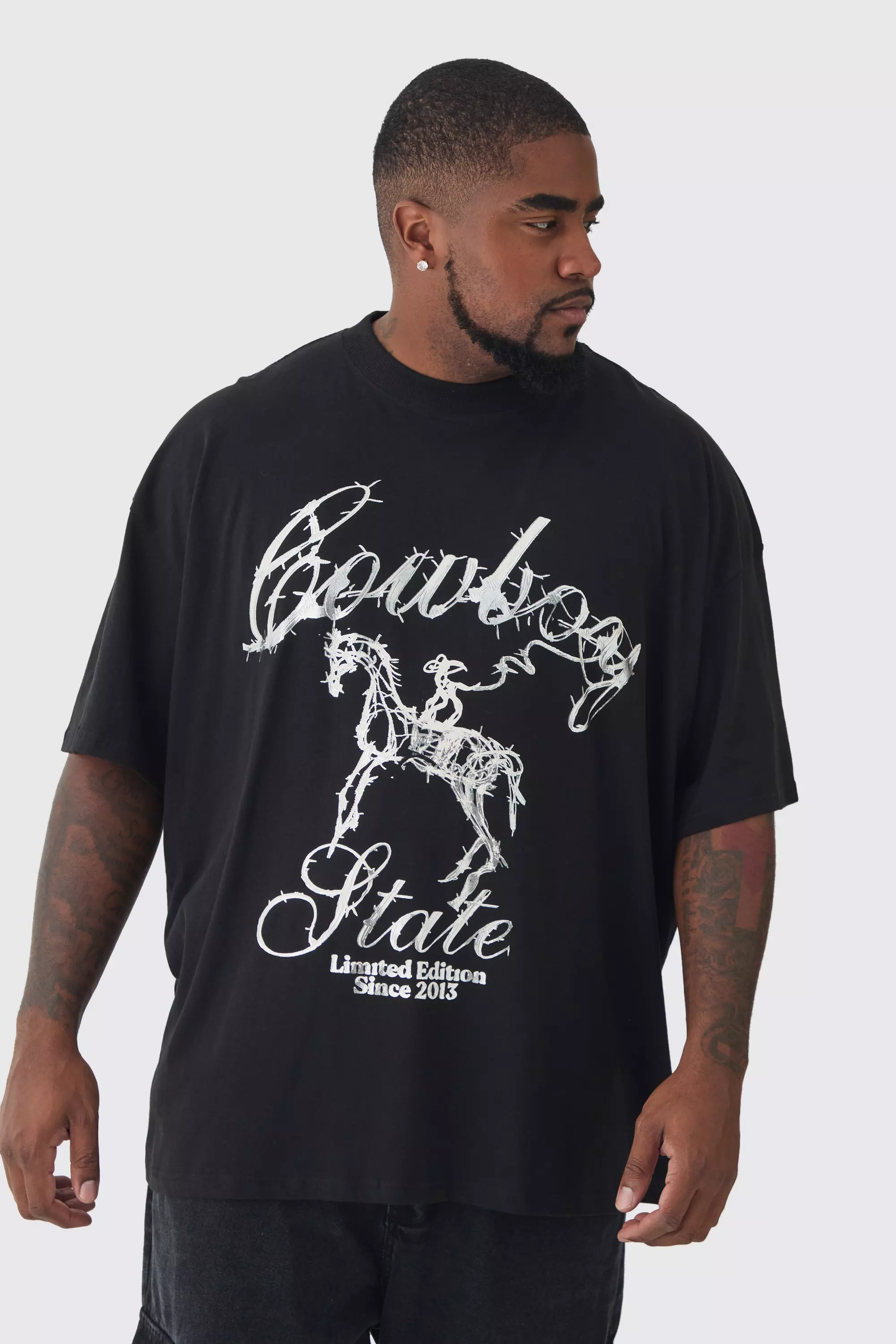 Plus Oversized Metallic Print Cowboy T-Shirt Black