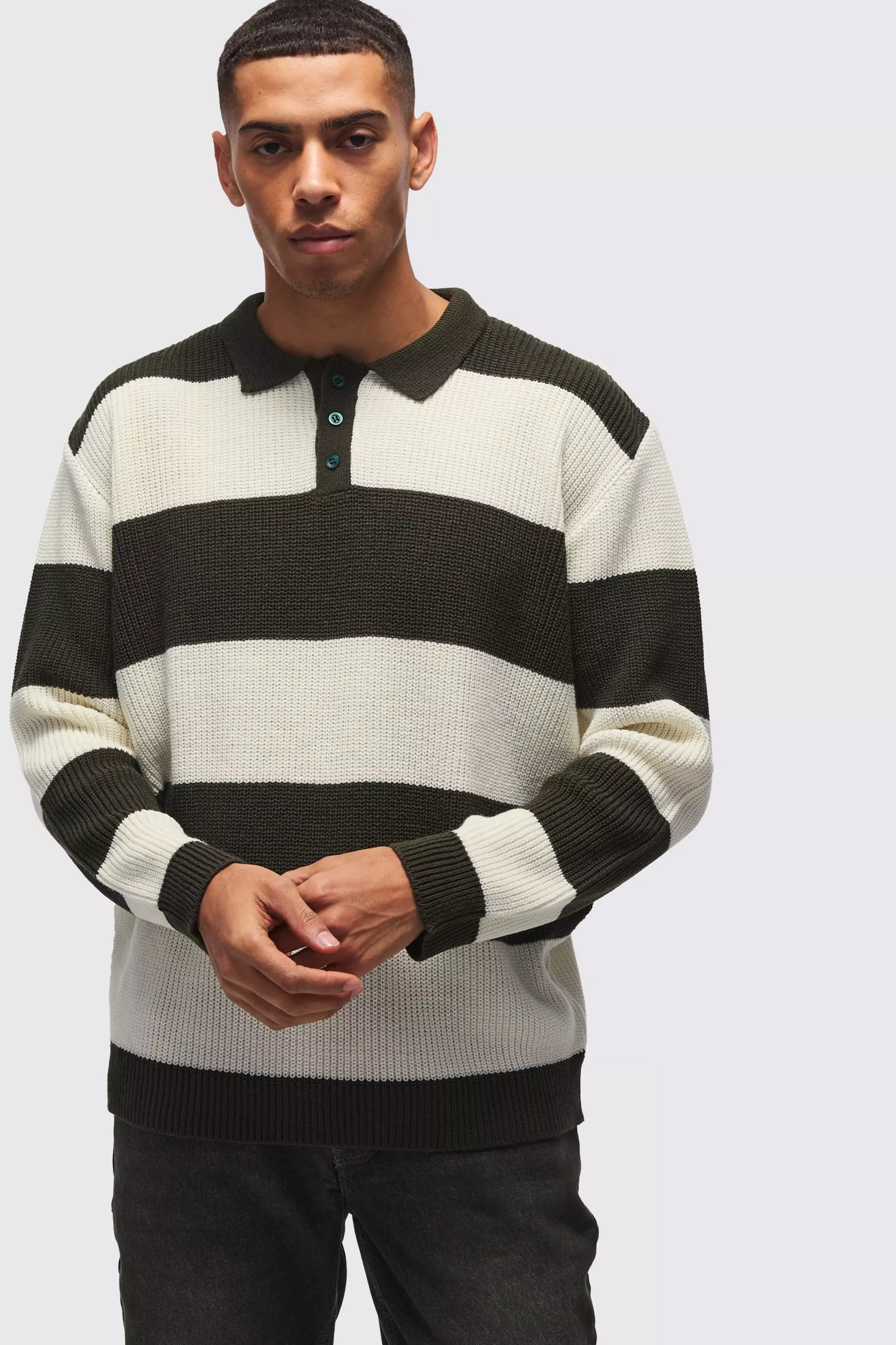 Knitted Stripe Rugby Polo Forest