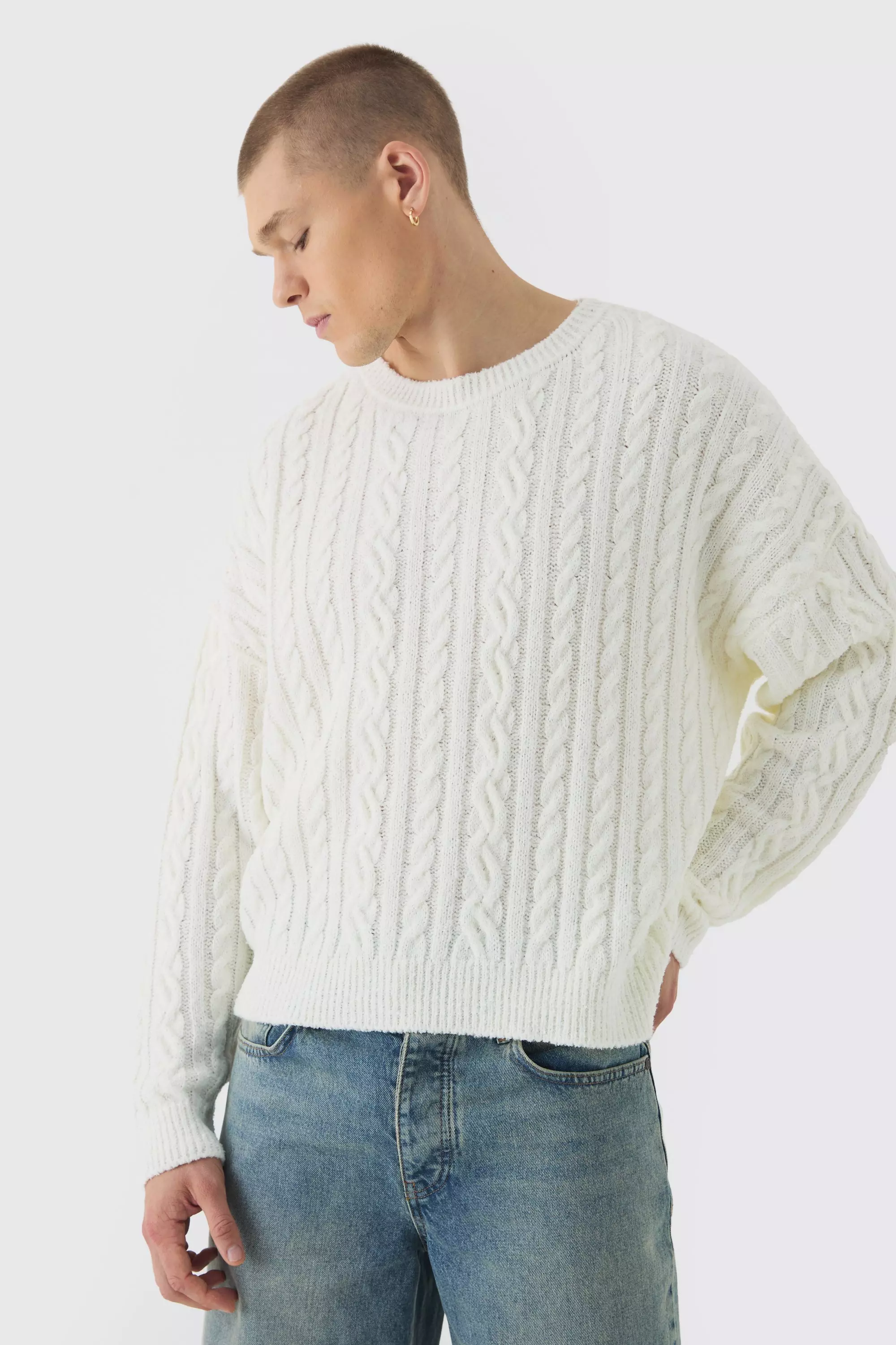 Cream White Boucle Cable Knit Boxy Sweater