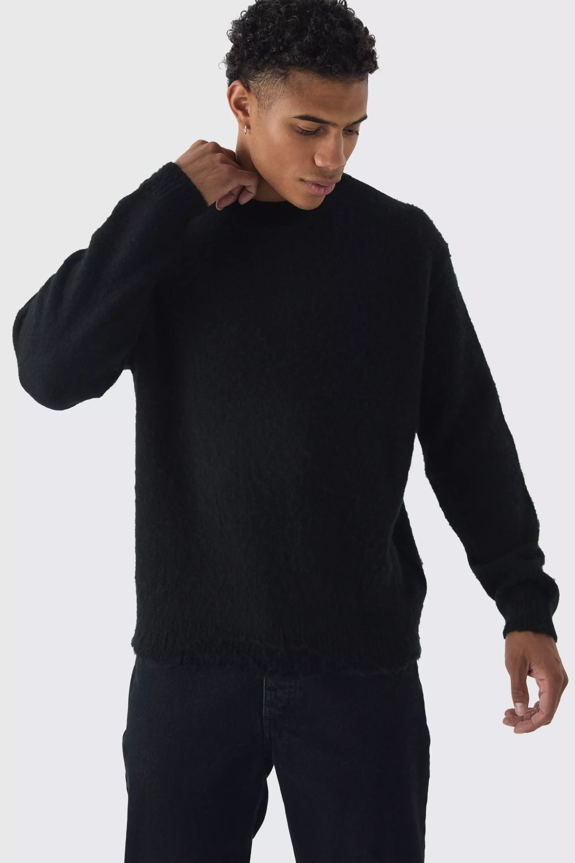 Fluffy Knit Crew Neck Oversized Sweater Black