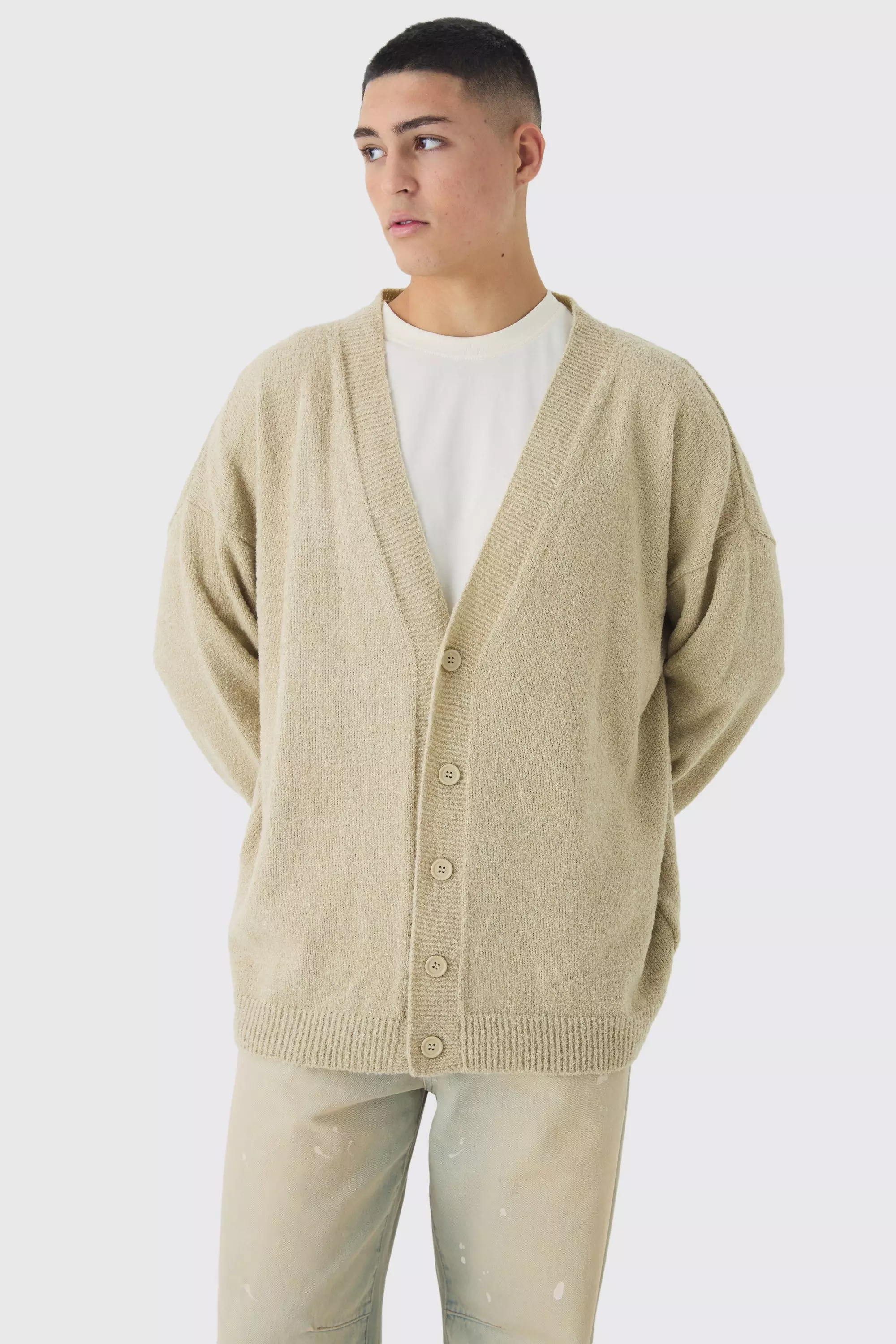 Boucle Knit Drop Shoulder Cardigan Stone