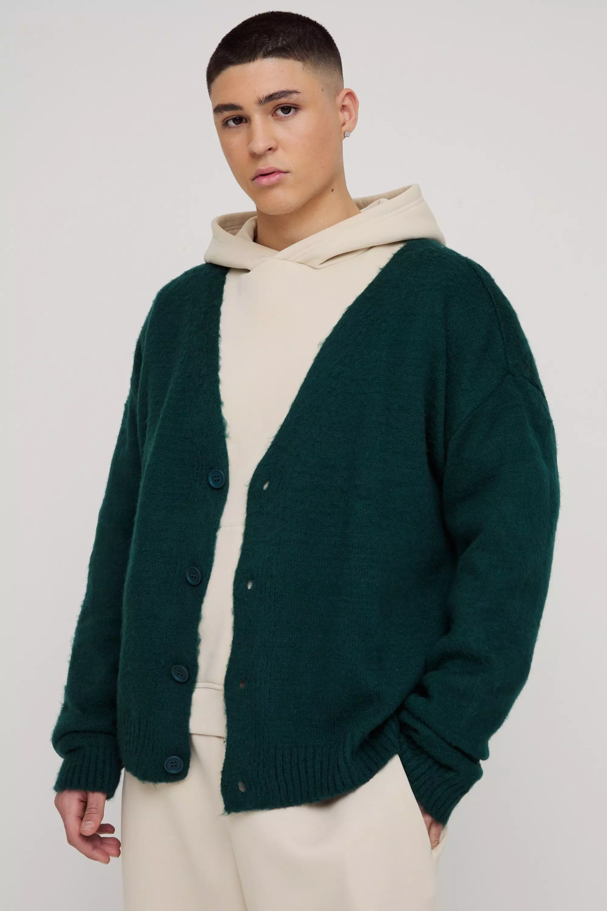 Brushed Contrast Trim Boxy Cardigan Green