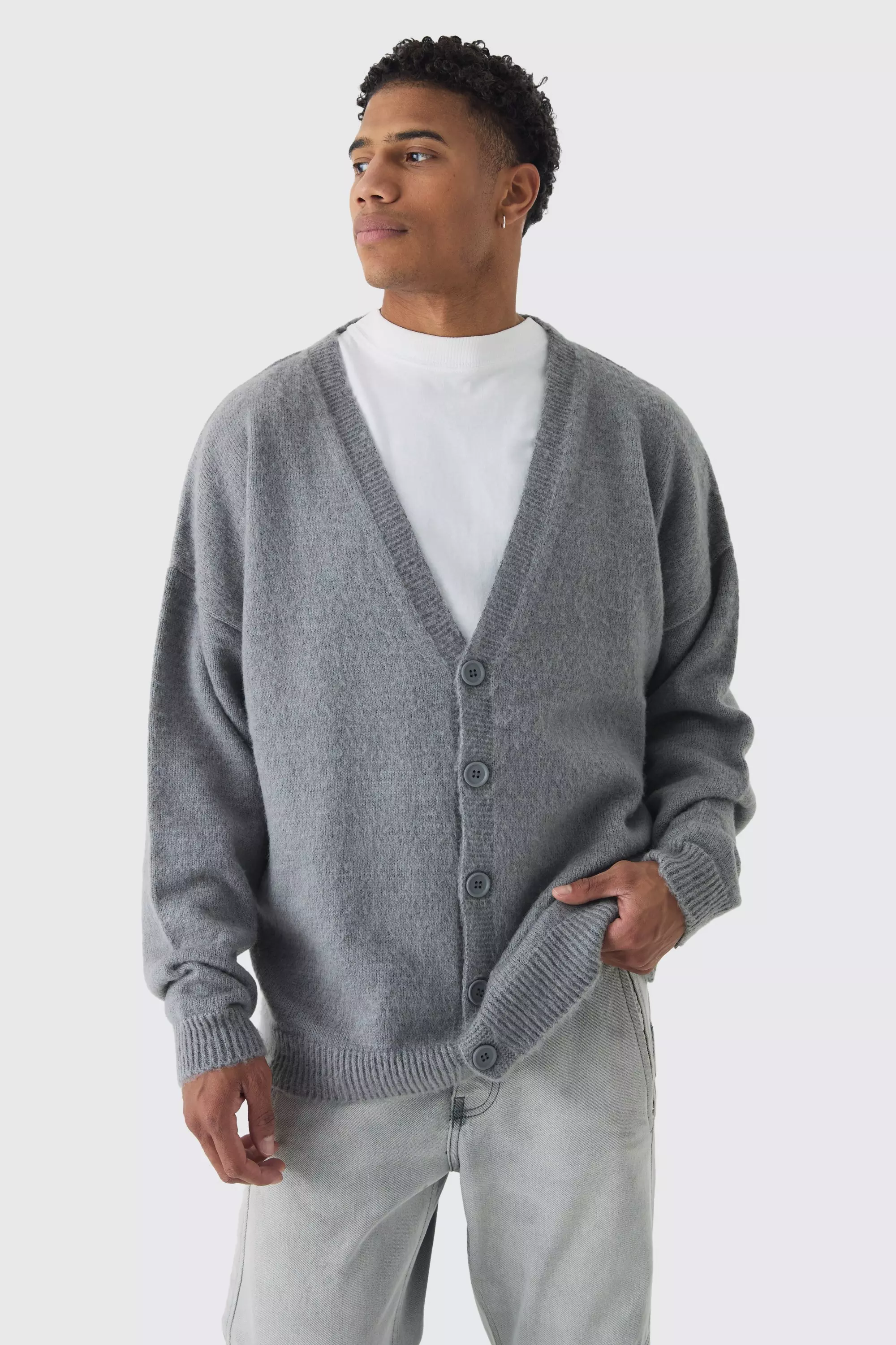 Brushed Knit Oversized Drop Shoulder Cardigan Grey