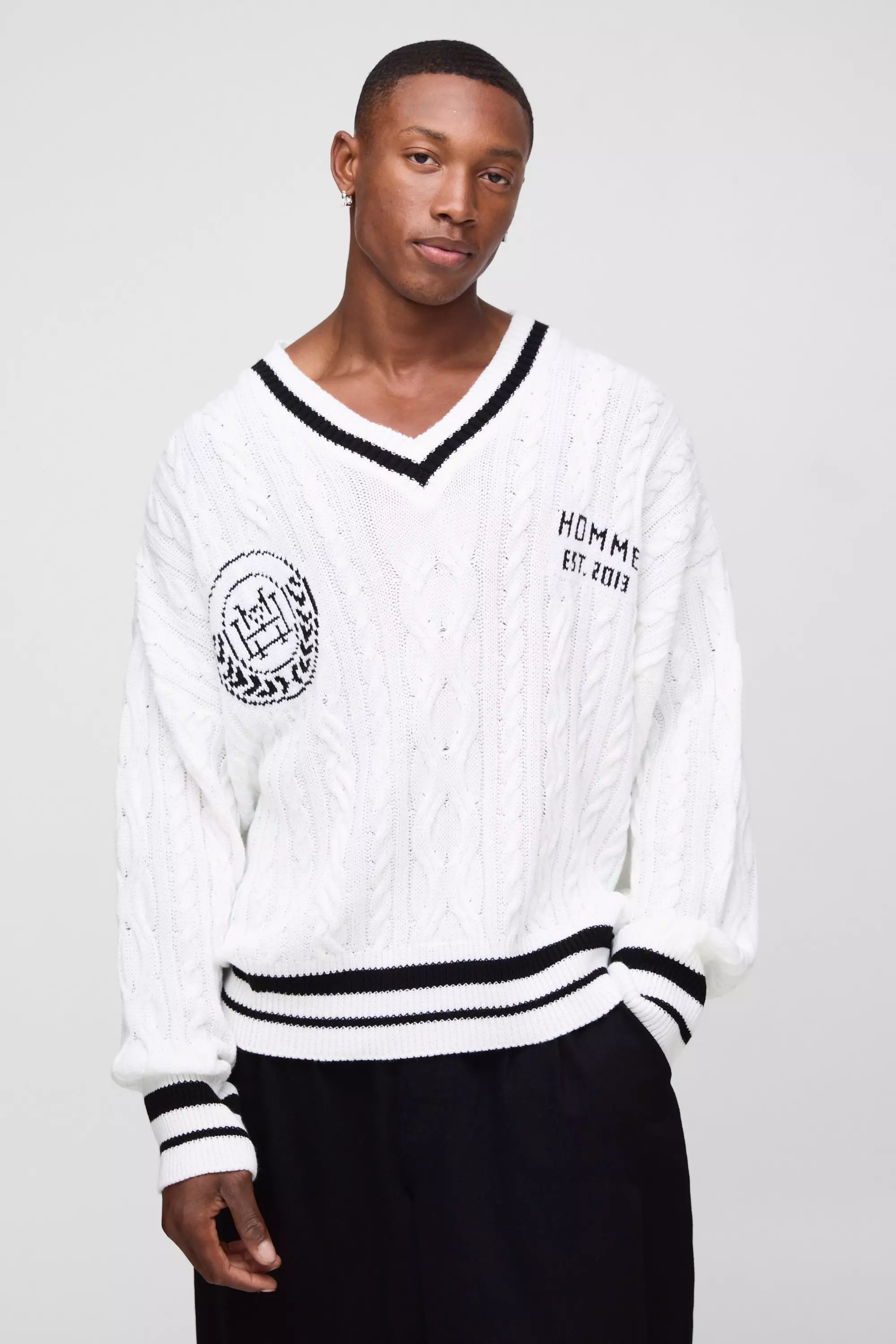 Oversized V Neck Varsity Sweater Ecru