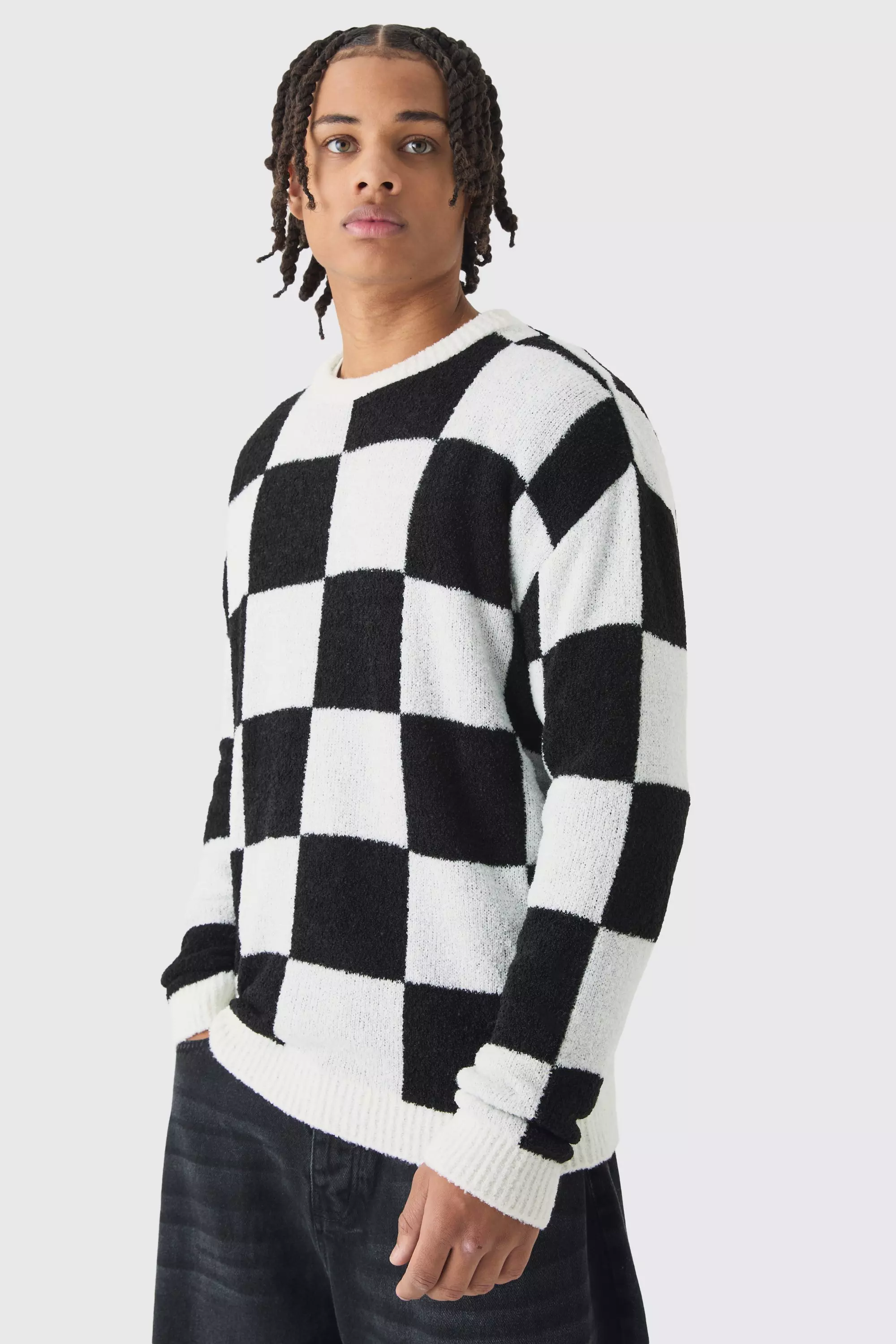 Black Boucle Knit Checkered Crew Neck Jumper alternative image